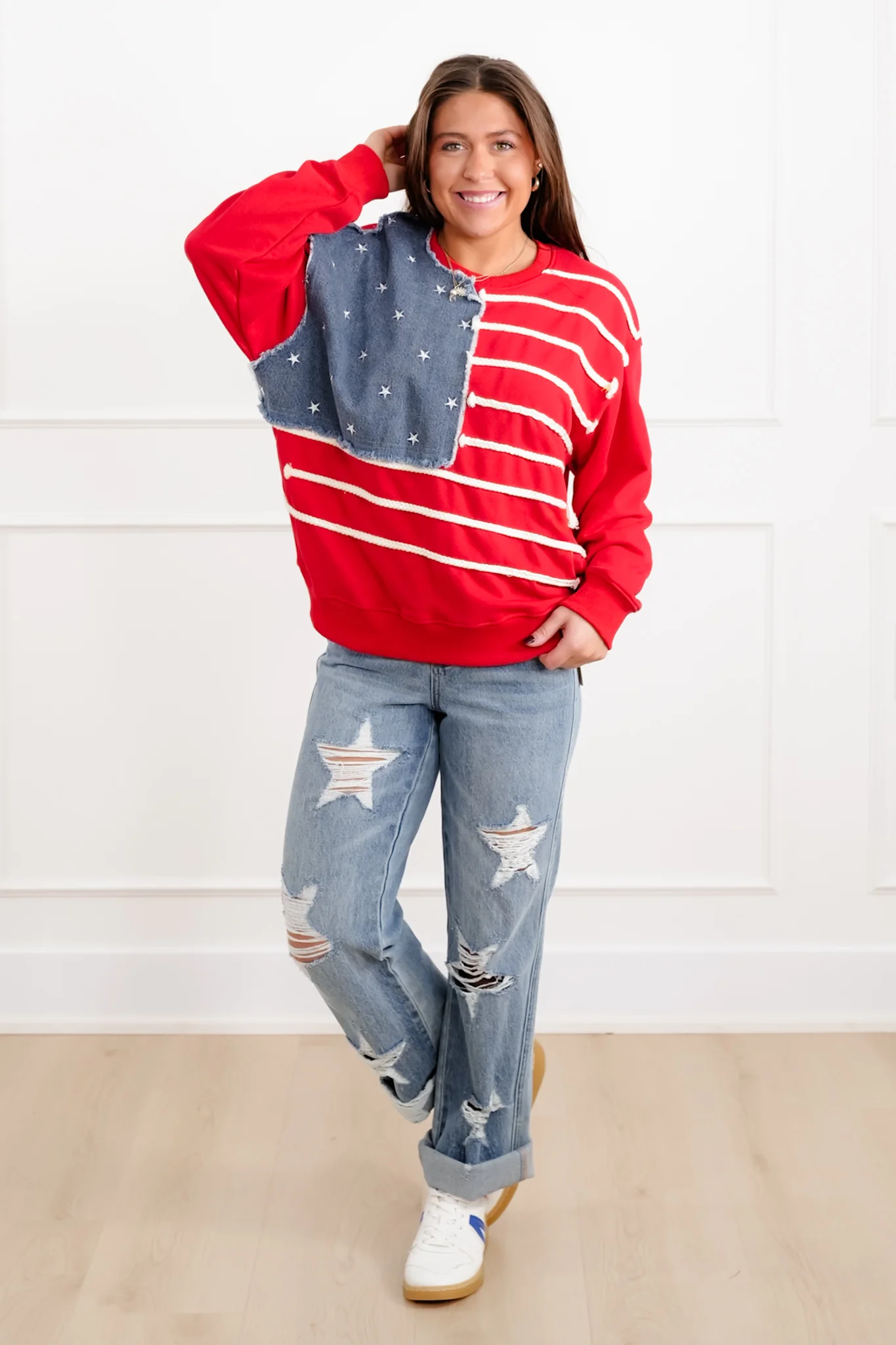 Red Long Sleeve Sweatshirt with American Flag Detail - Image 2