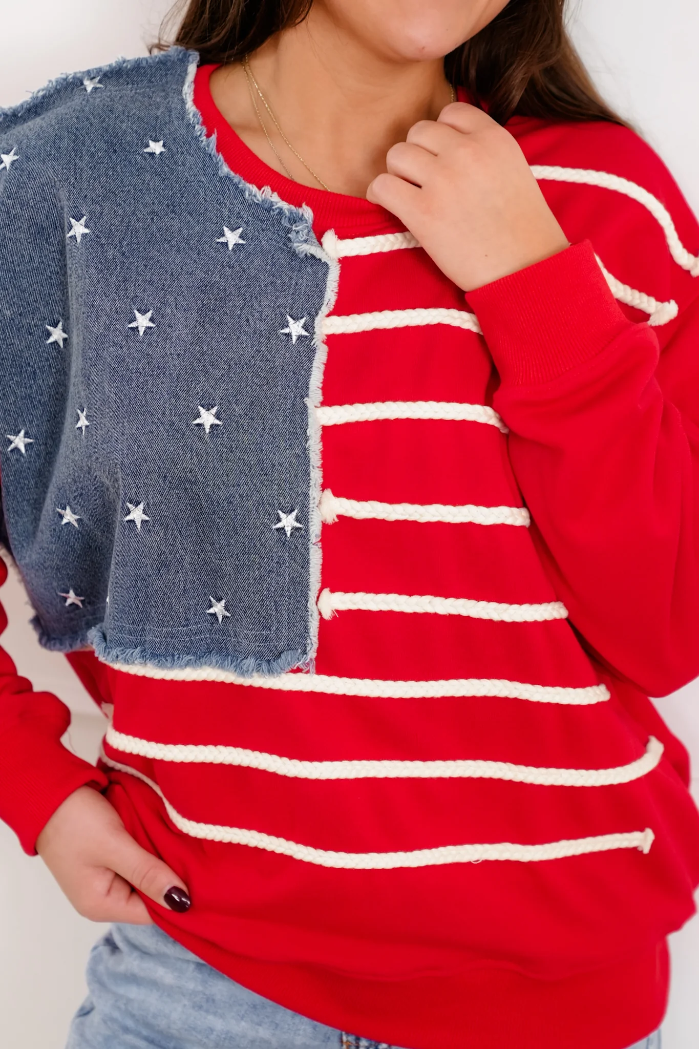 Red Long Sleeve Sweatshirt with American Flag Detail - Image 5