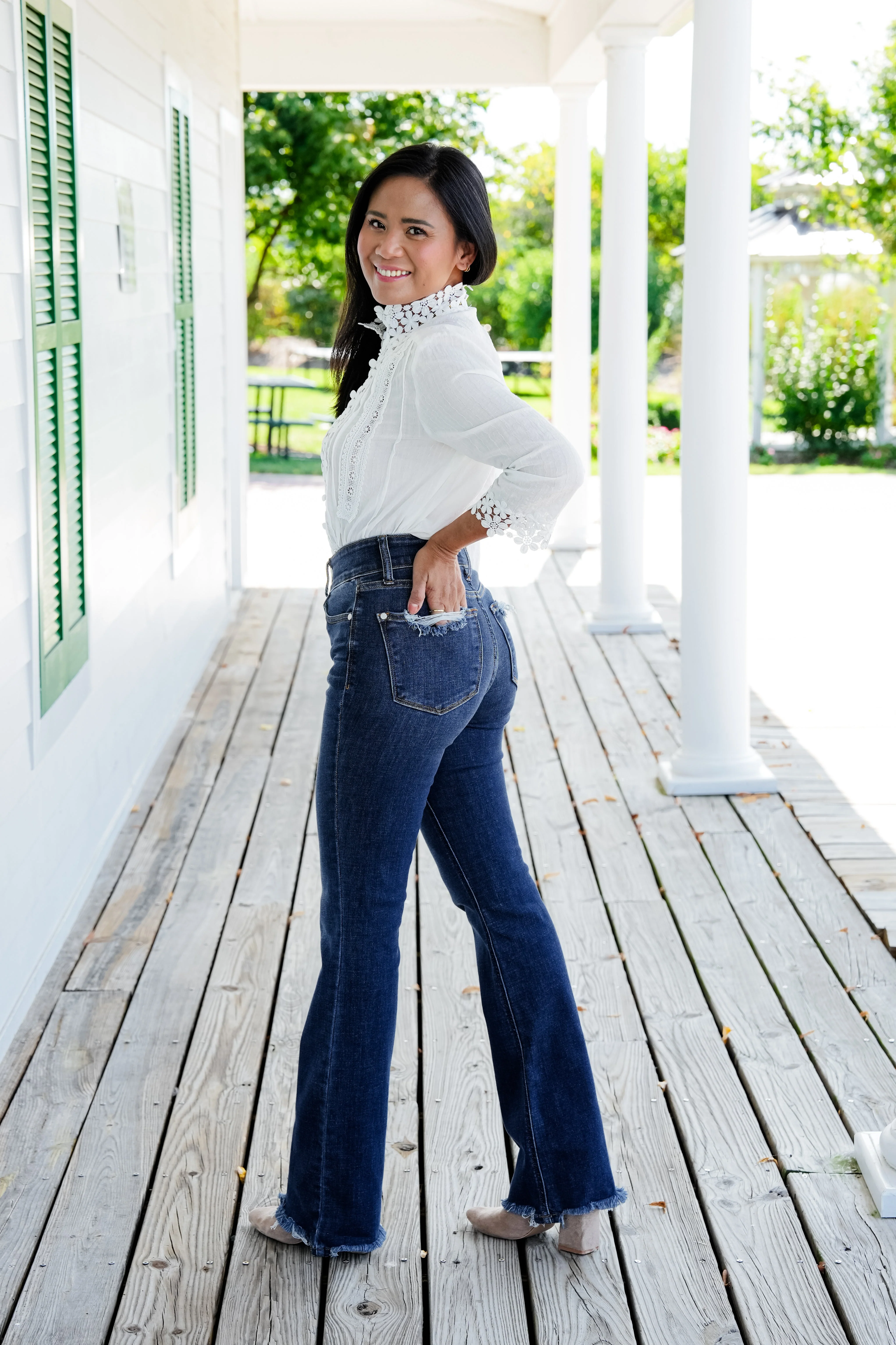 Restock! Judy Blue Feeling Fine Dark Wash High Rise Non Distressed Vintage Frayed Hem Bootcut Jeans - Image 13