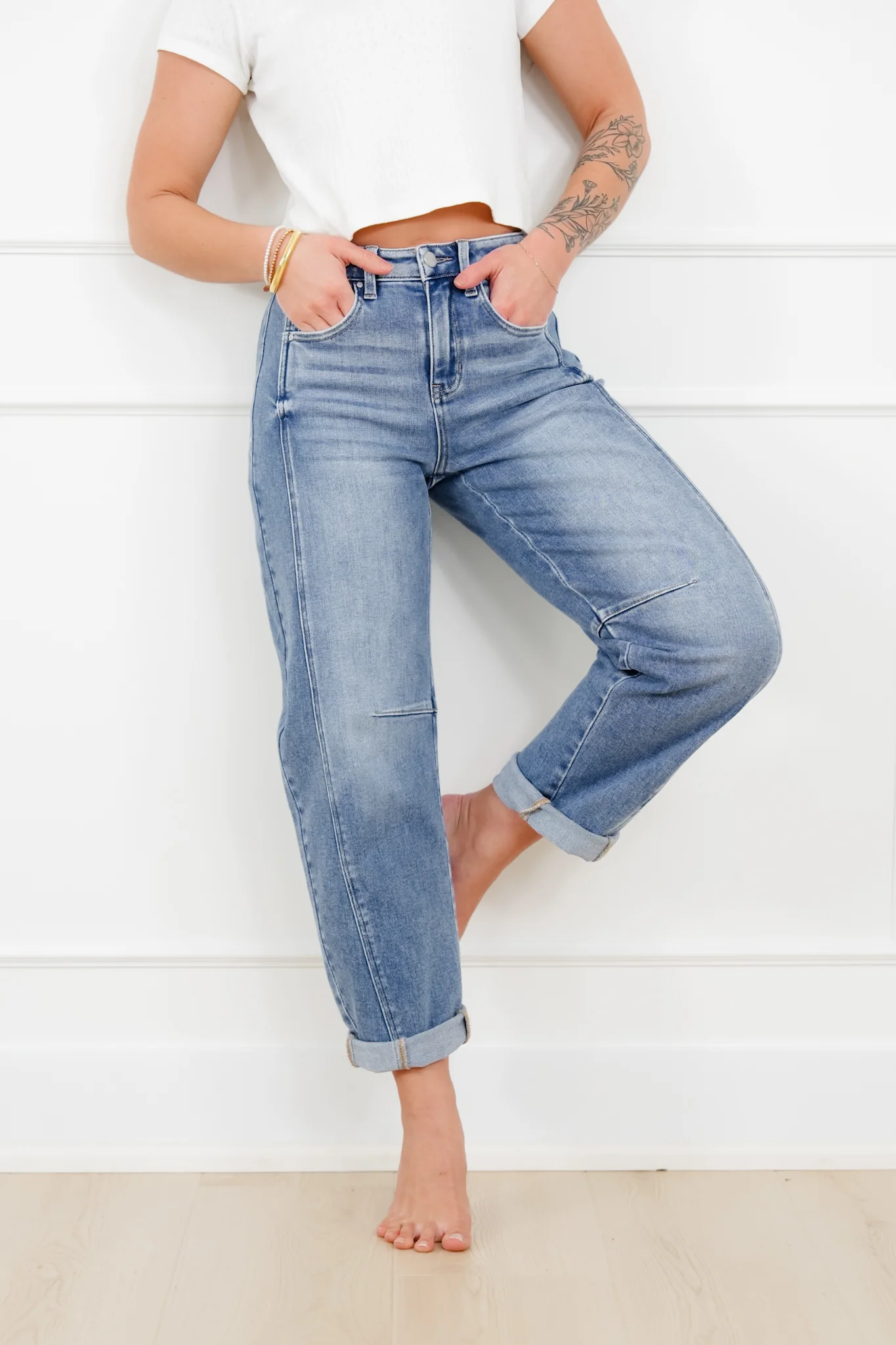 Restock! Risen The Hollis Rise Medium Wash Boyfriend Cuffed Barrel Jeans - Image 3