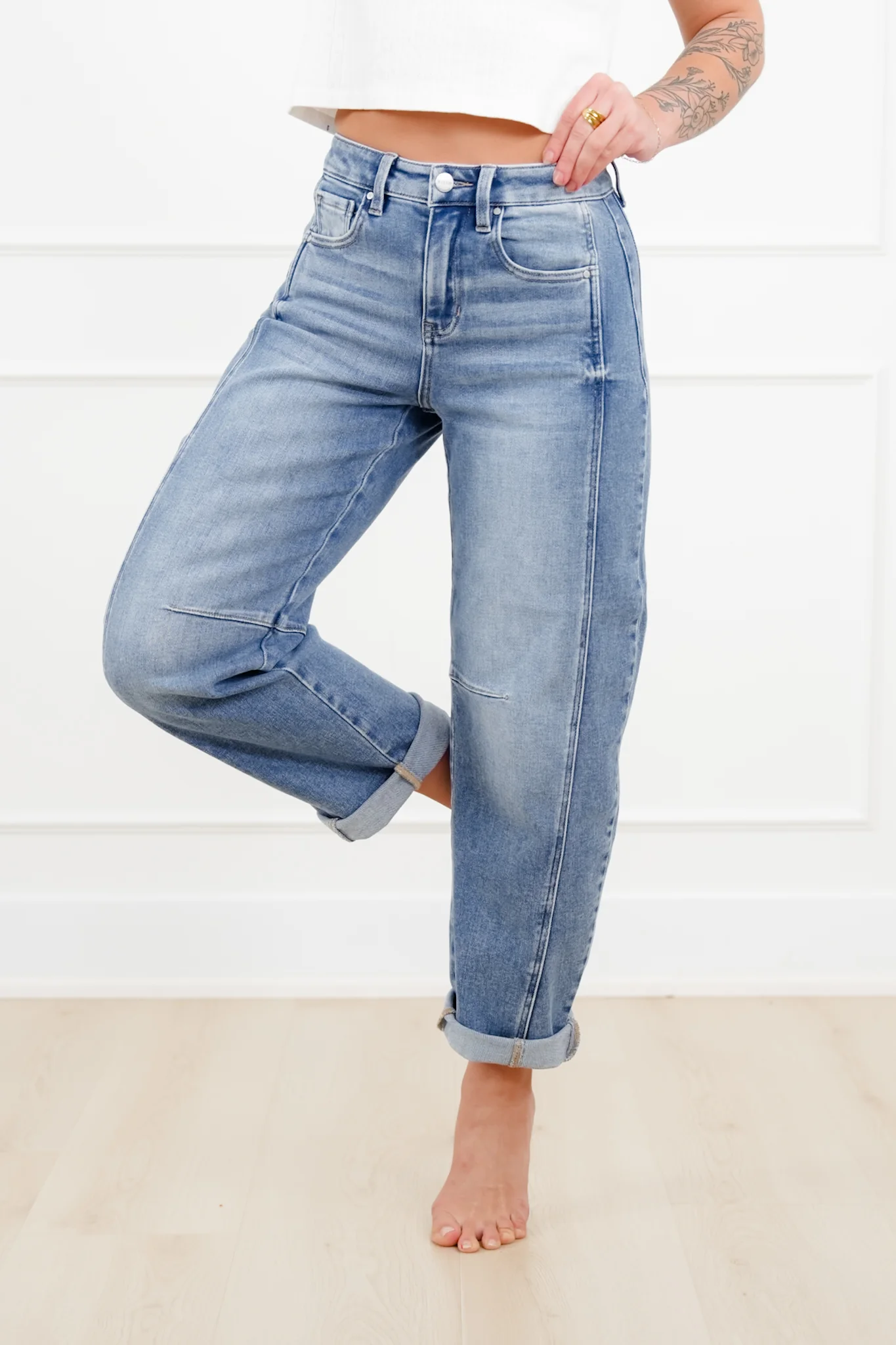 Restock! Risen The Hollis Rise Medium Wash Boyfriend Cuffed Barrel Jeans - Image 7