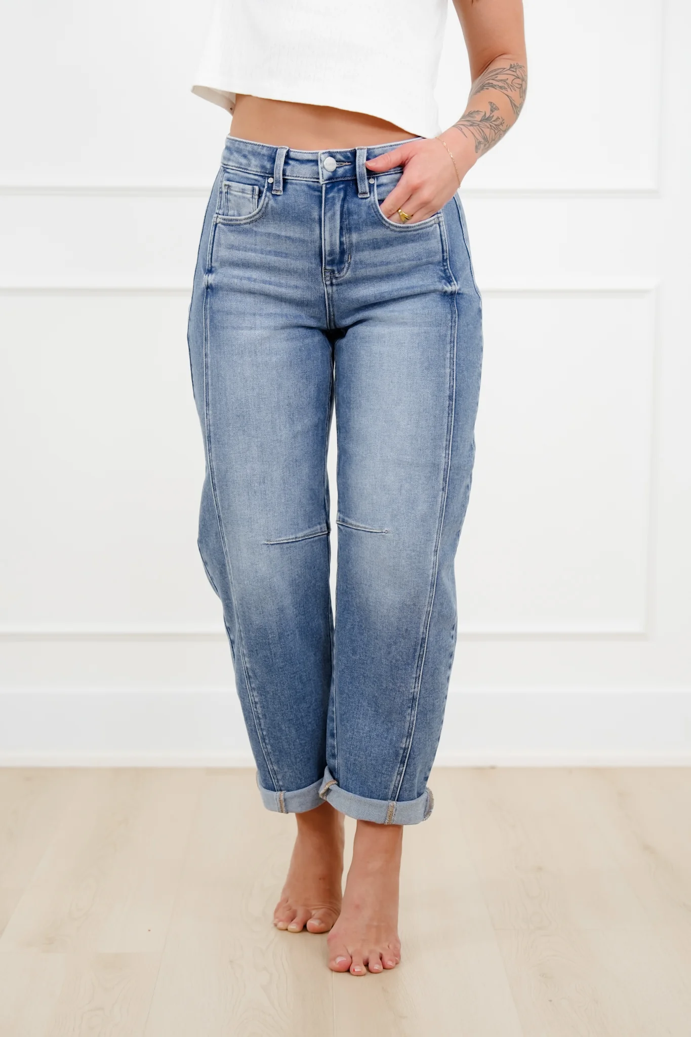 Restock! Risen The Hollis Rise Medium Wash Boyfriend Cuffed Barrel Jeans - Image 9