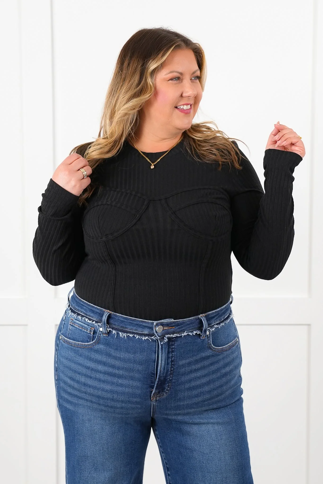Ribbed Knit Long Sleeve Corset Top - Image 3