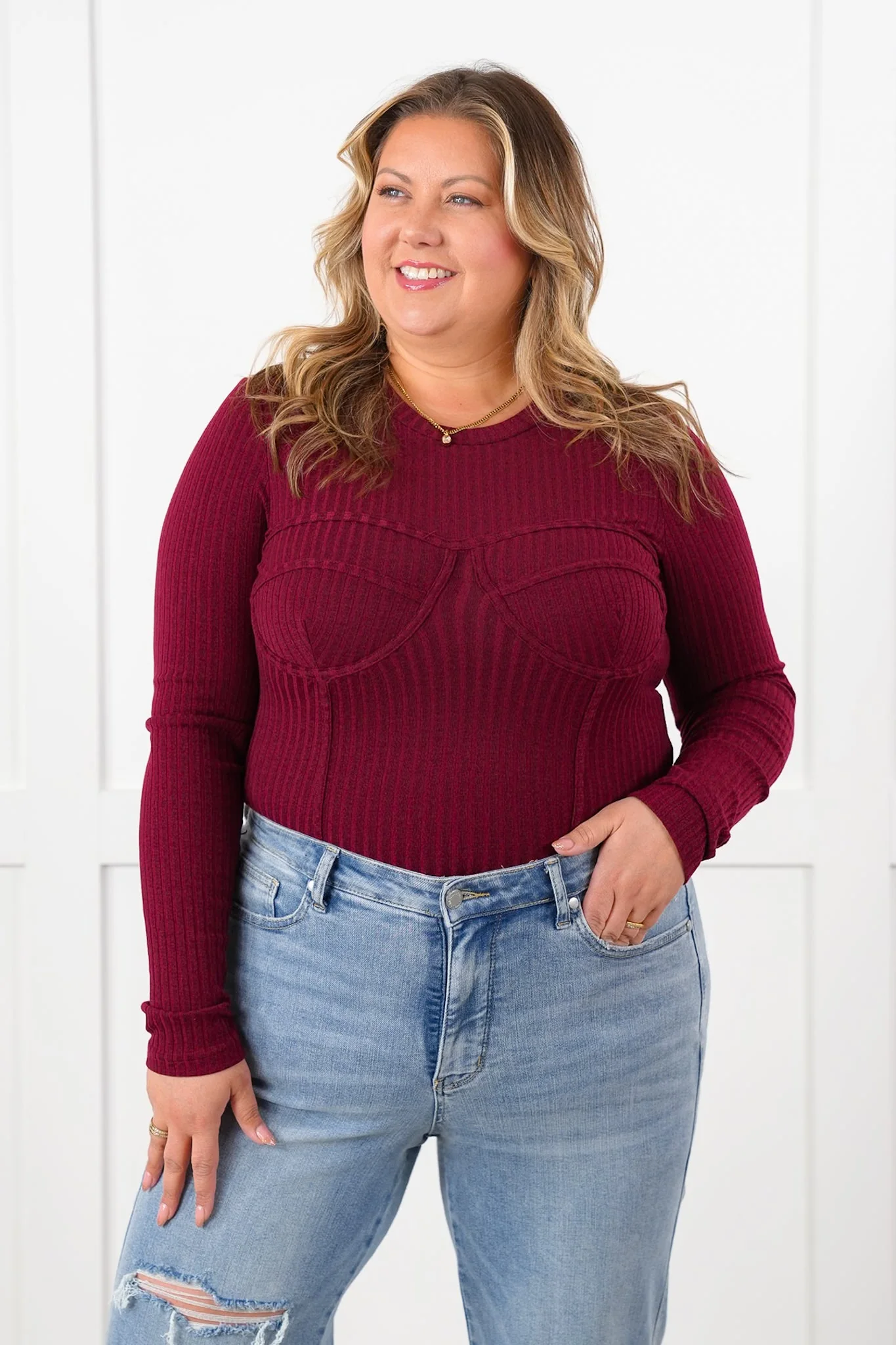Ribbed Knit Long Sleeve Corset Top - Image 8