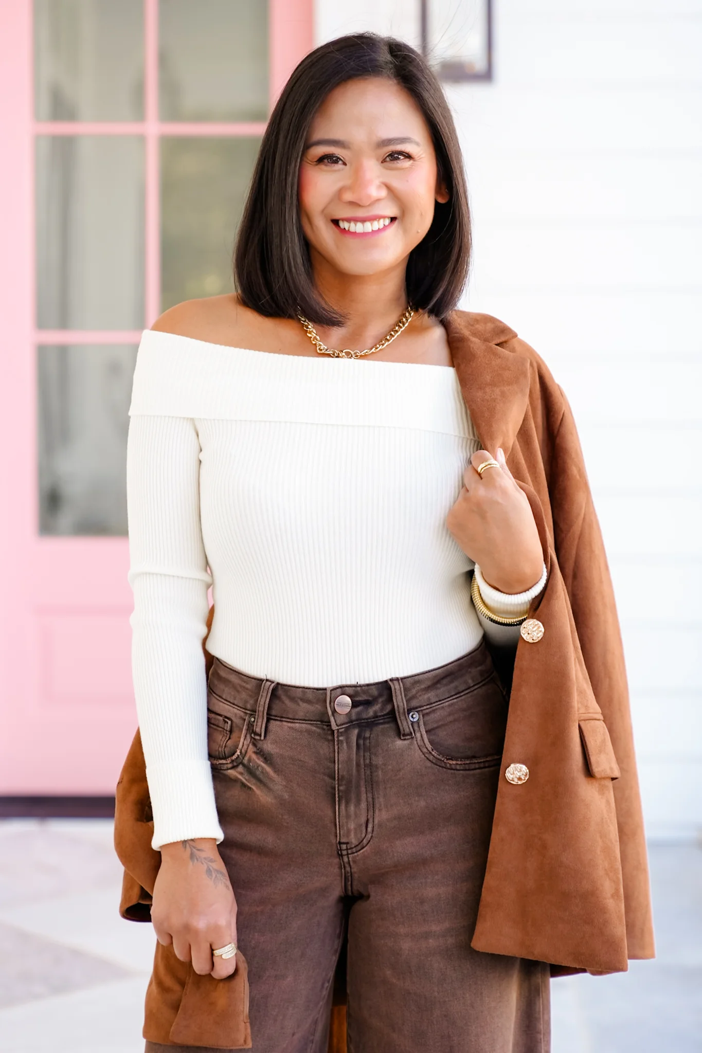 Ribbed Knit Long Sleeve Off Shoulder Top - Image 6