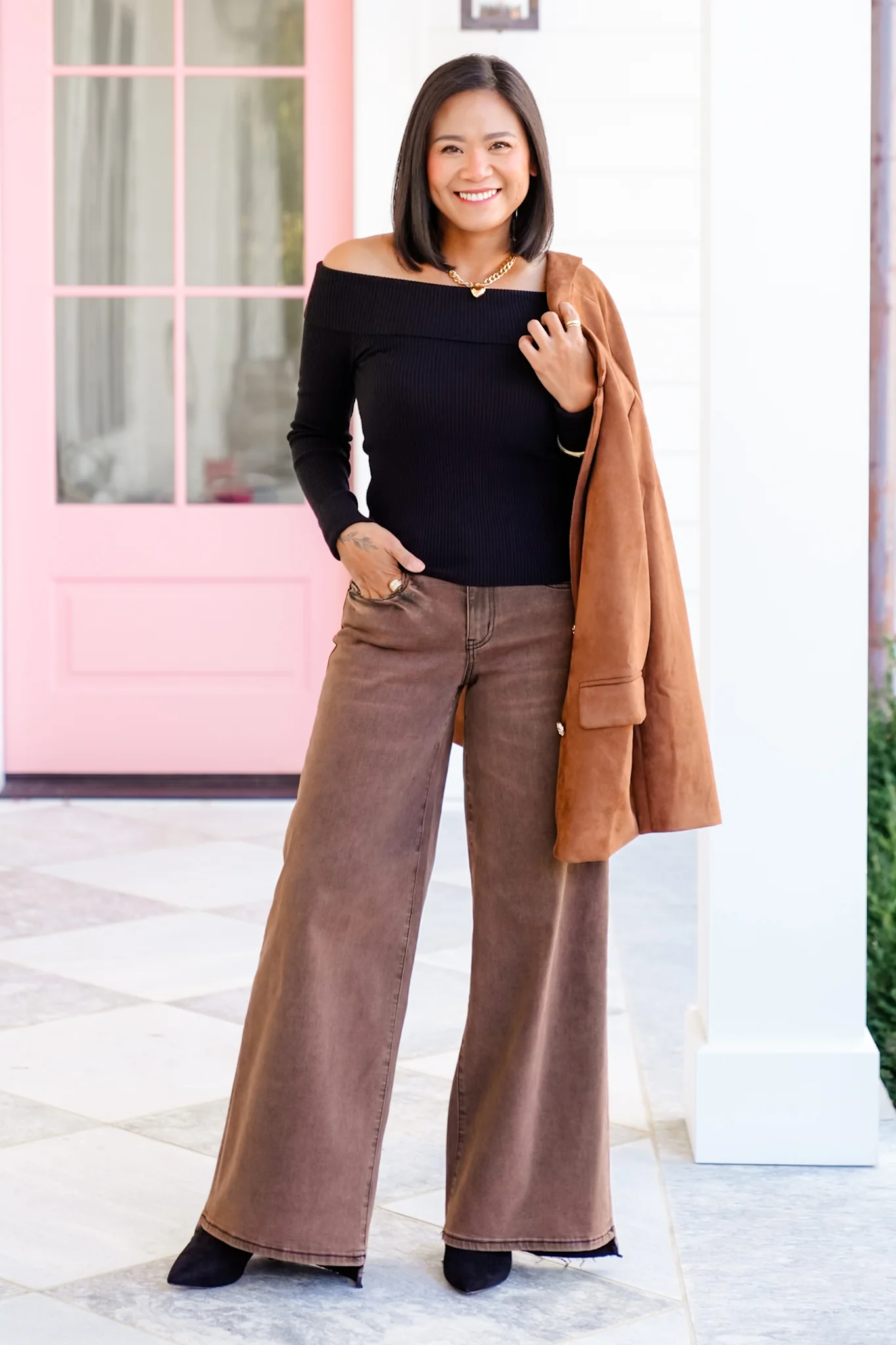 Ribbed Knit Long Sleeve Off Shoulder Top - Image 9