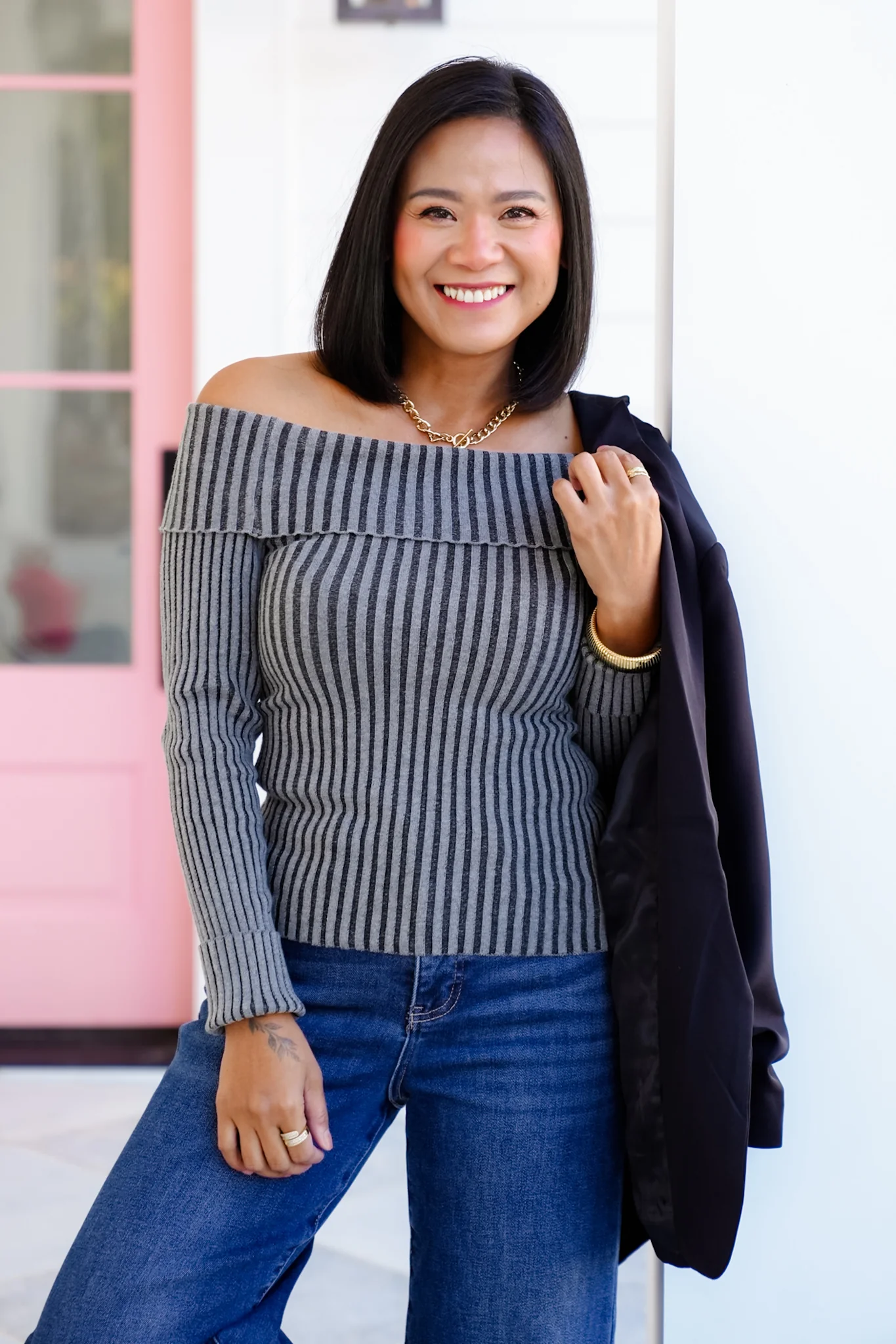 Ribbed Knit Long Sleeve Off Shoulder Top - Image 2
