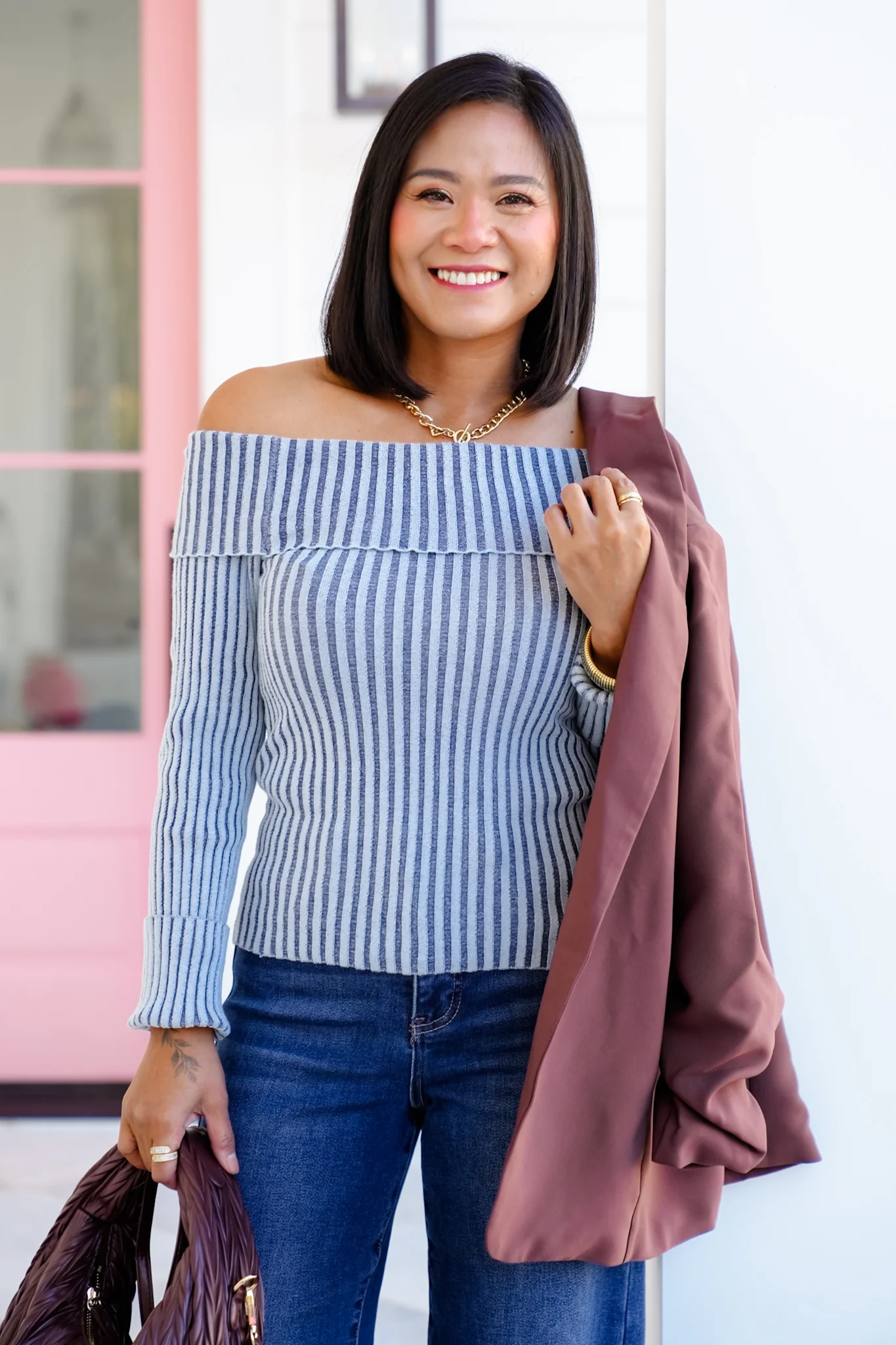 Ribbed Knit Long Sleeve Off Shoulder Top - Image 3