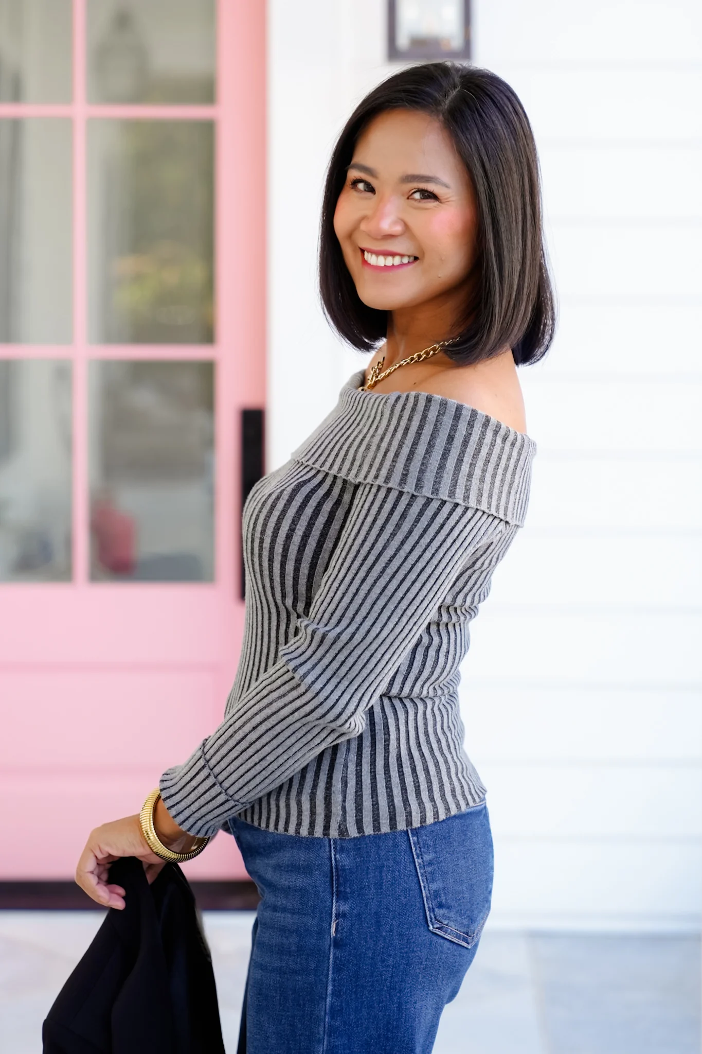 Ribbed Knit Long Sleeve Off Shoulder Top - Image 4