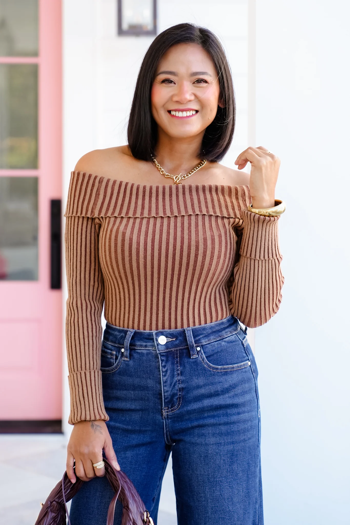 Ribbed Knit Long Sleeve Off Shoulder Top - Image 5