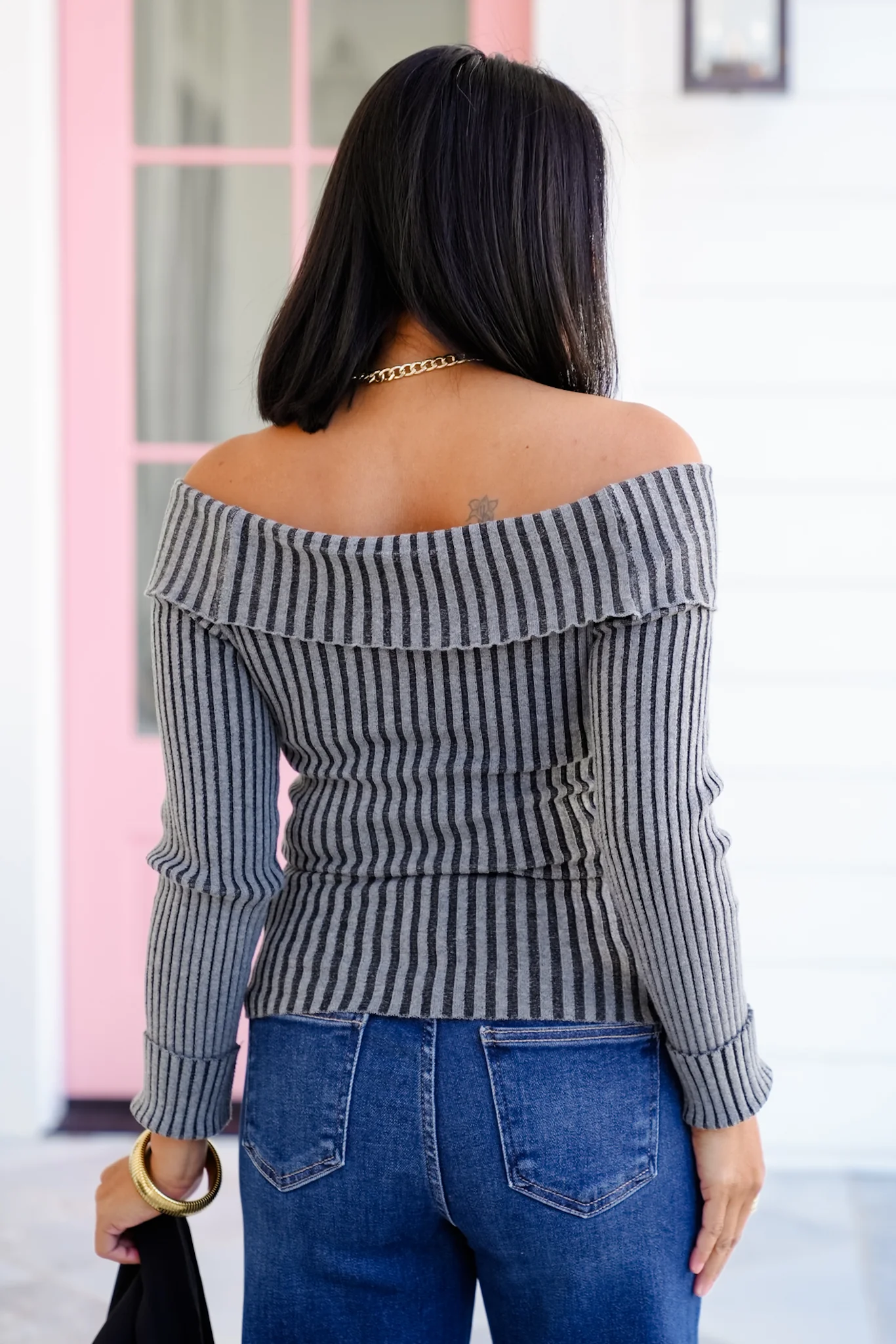 Ribbed Knit Long Sleeve Off Shoulder Top - Image 6