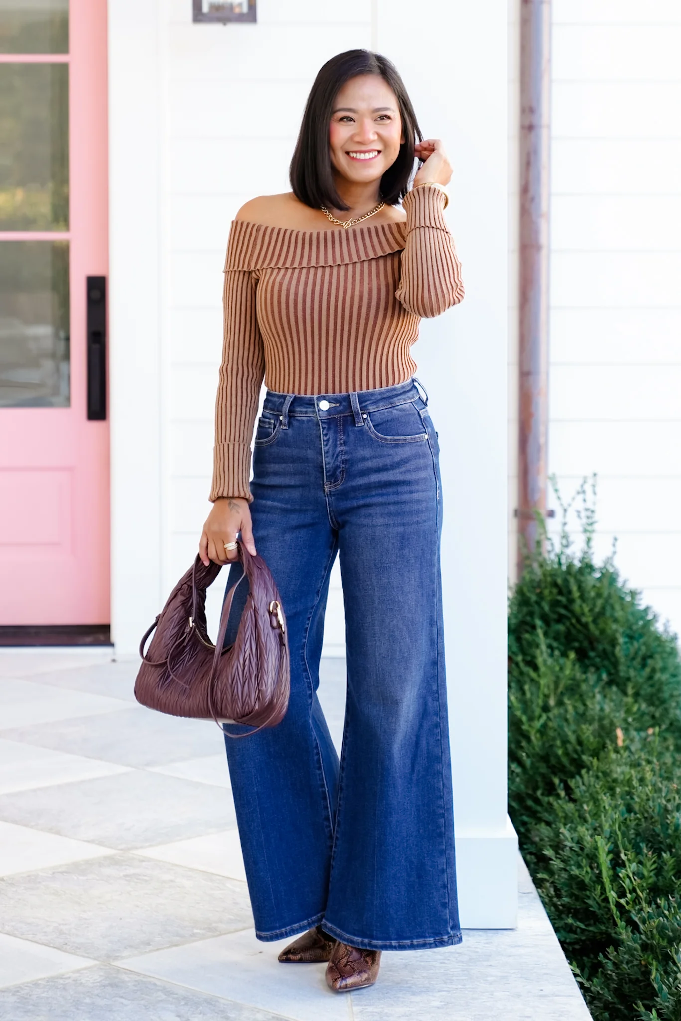 Ribbed Knit Long Sleeve Off Shoulder Top - Image 8