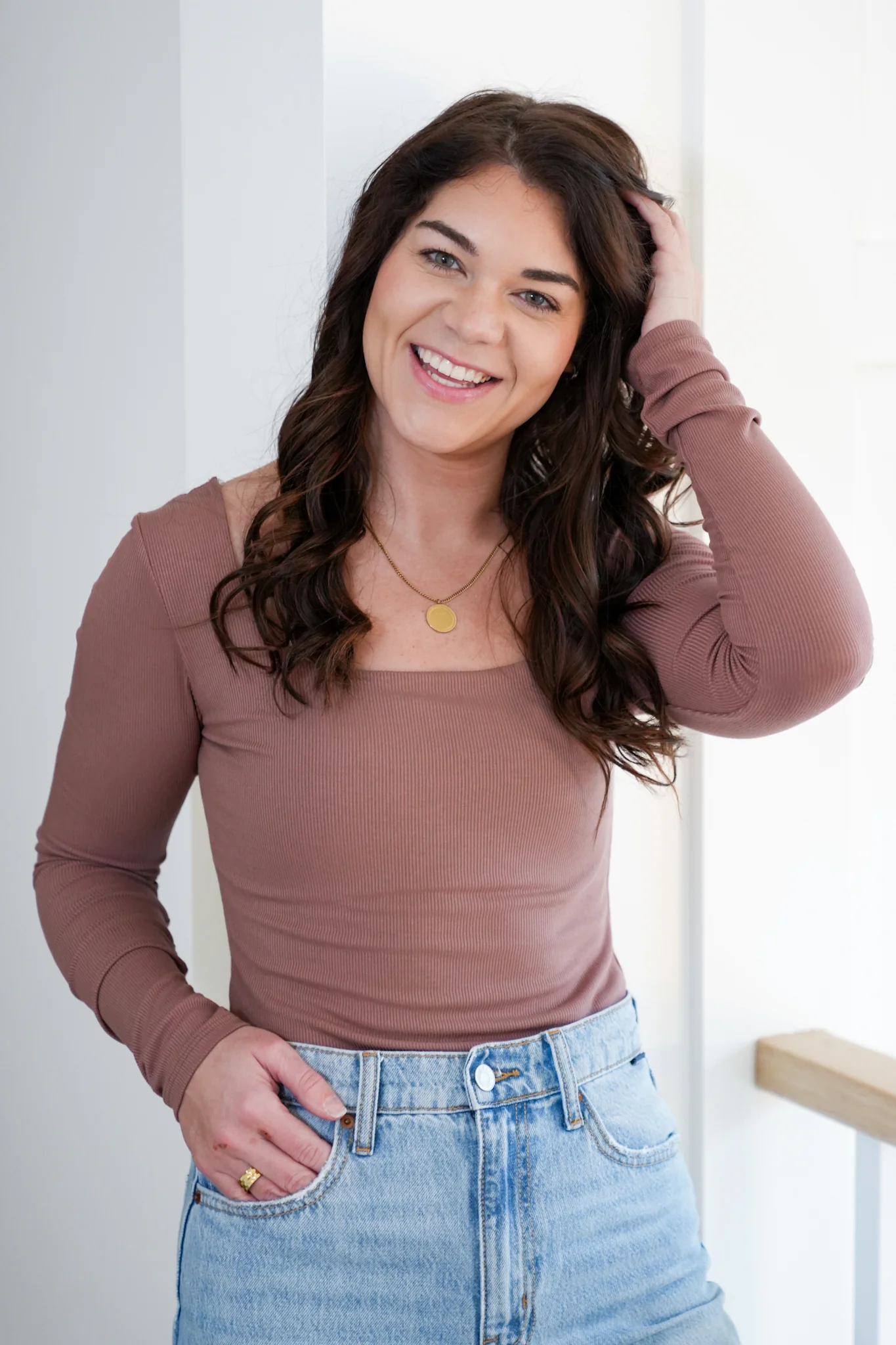 Ribbed Knit Long Sleeve Square Neck Top - Image 4