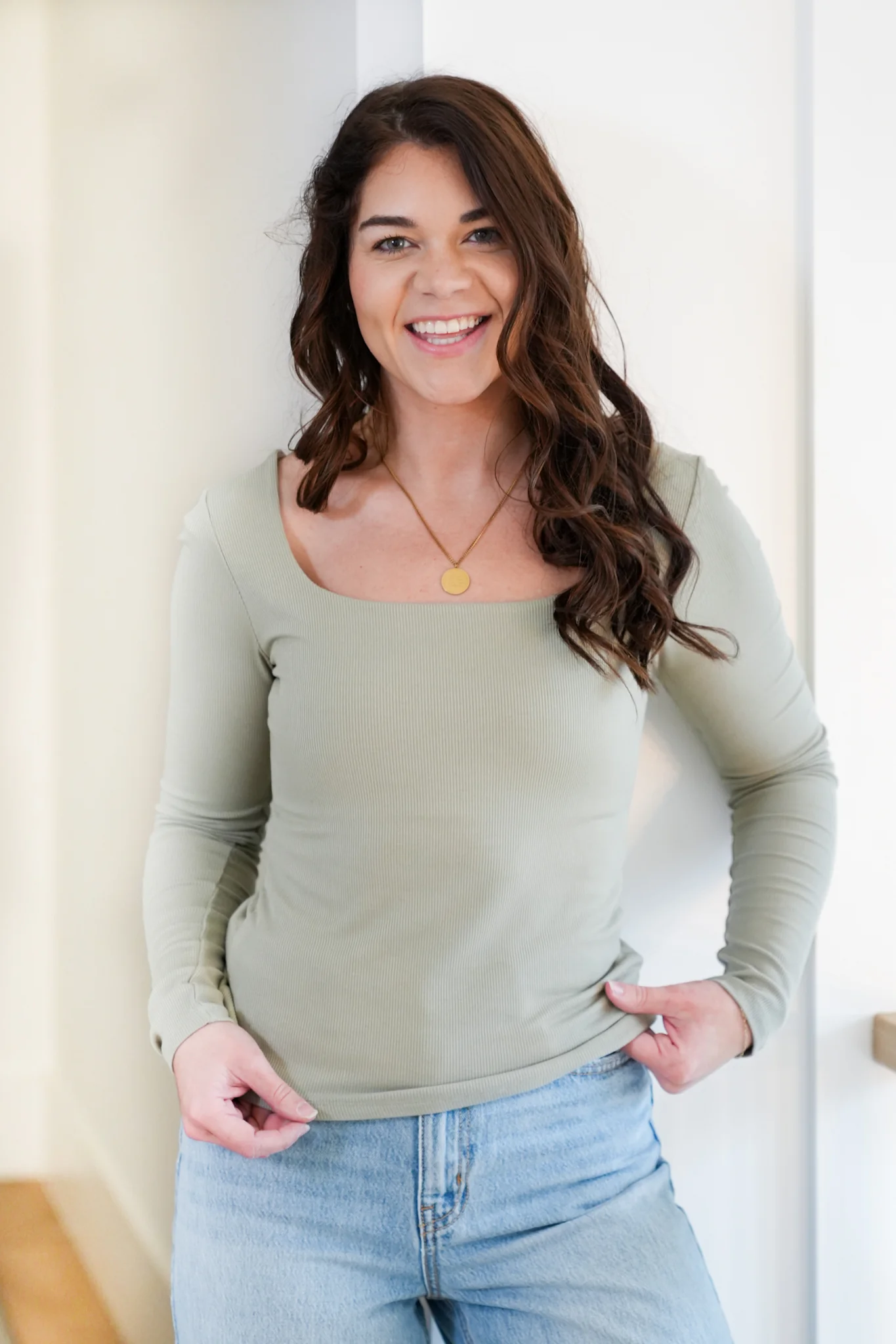 Ribbed Knit Long Sleeve Square Neck Top - Image 5