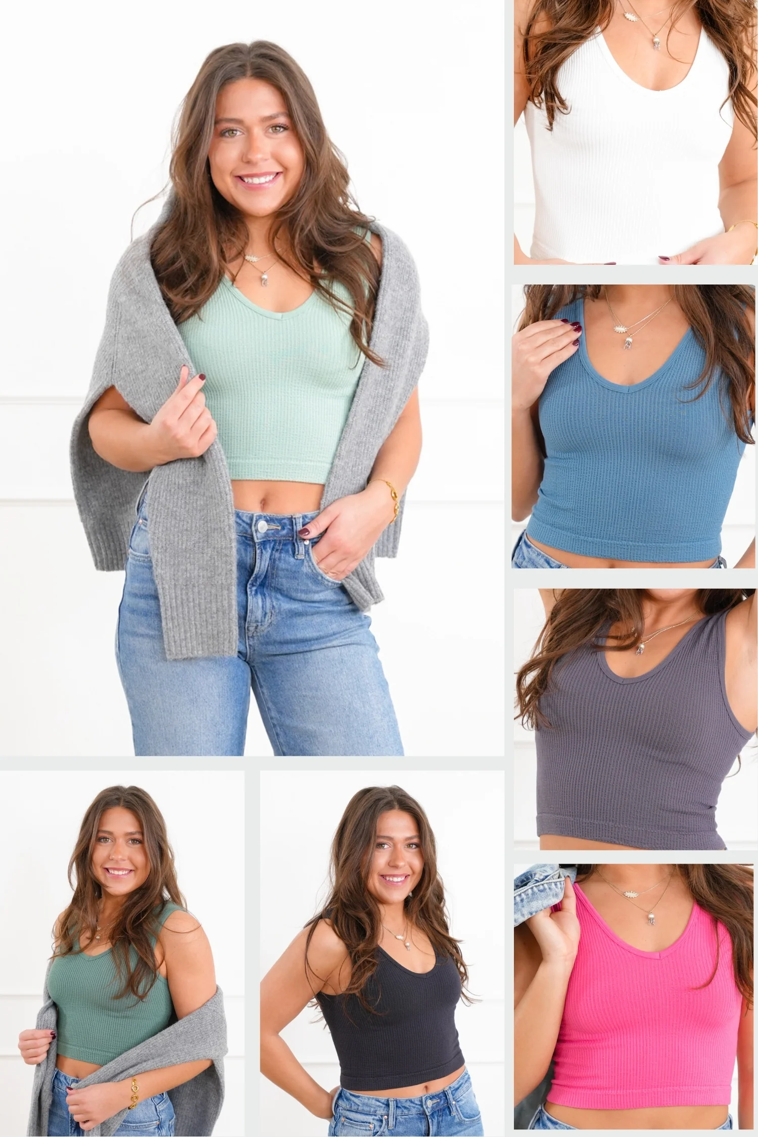 Ribbed Knit Reversible U/V Neck Cropped Tank Top