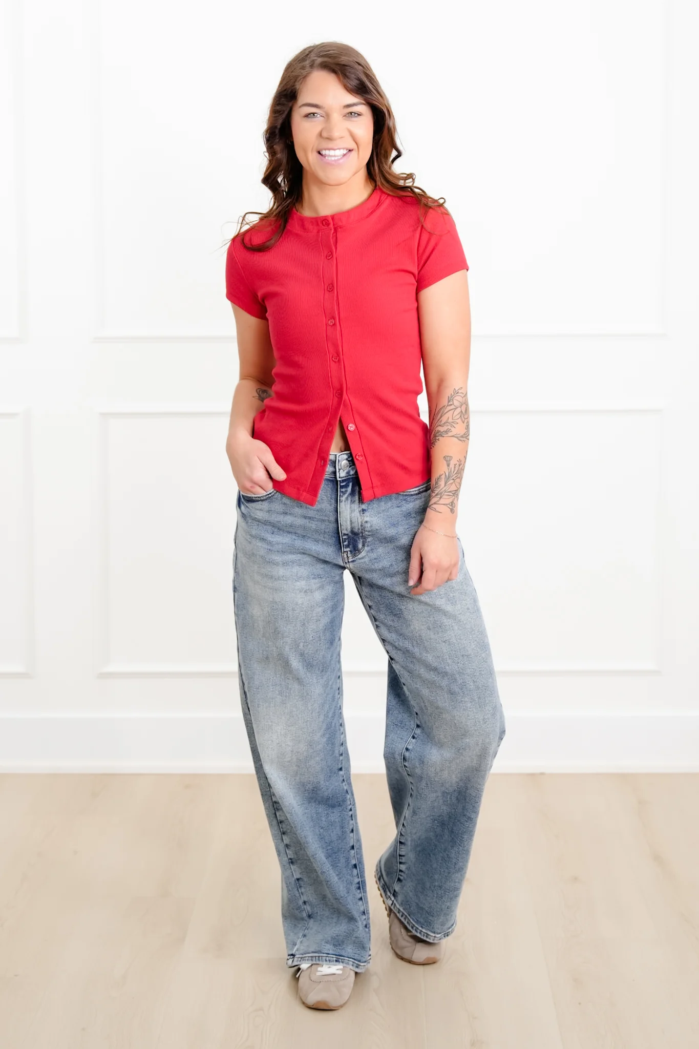 Ribbed Short Sleeve Button Down Top - Image 10