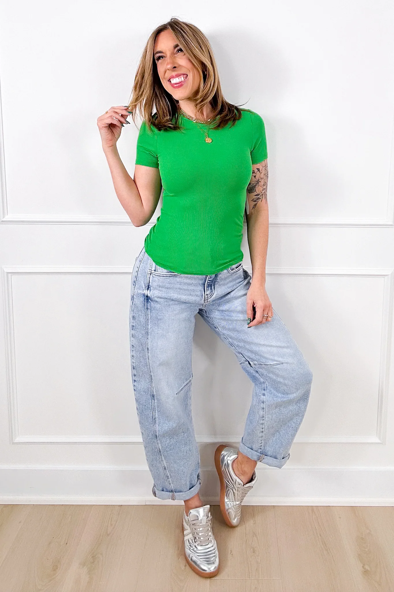 Ribbed Short Sleeve Round Neck Top - Image 7