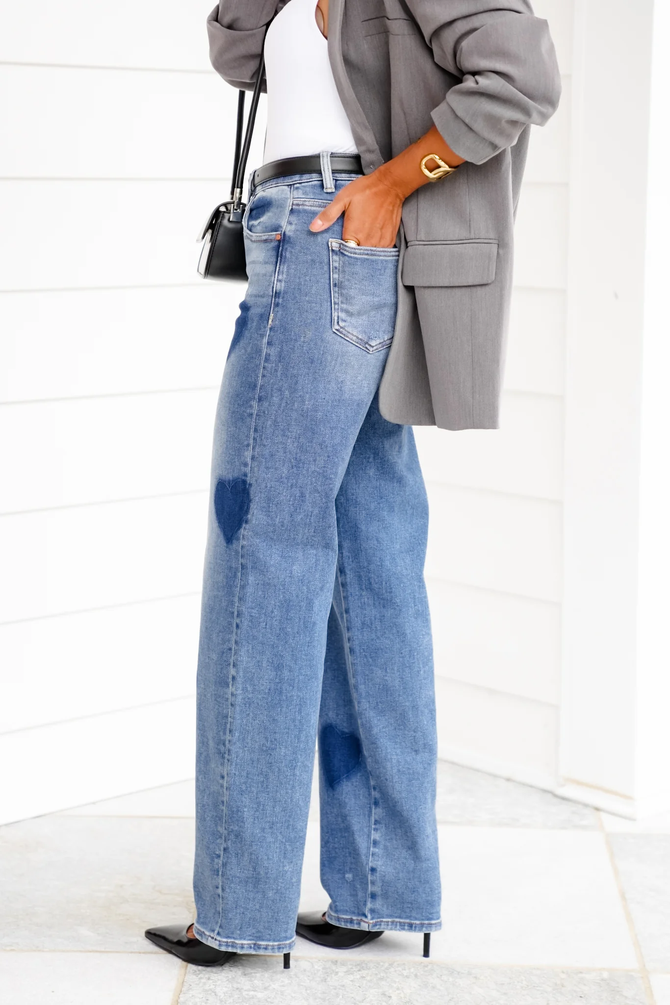 Risen High Rise Medium Wash Heart Print Wide Leg Jeans - Image 3