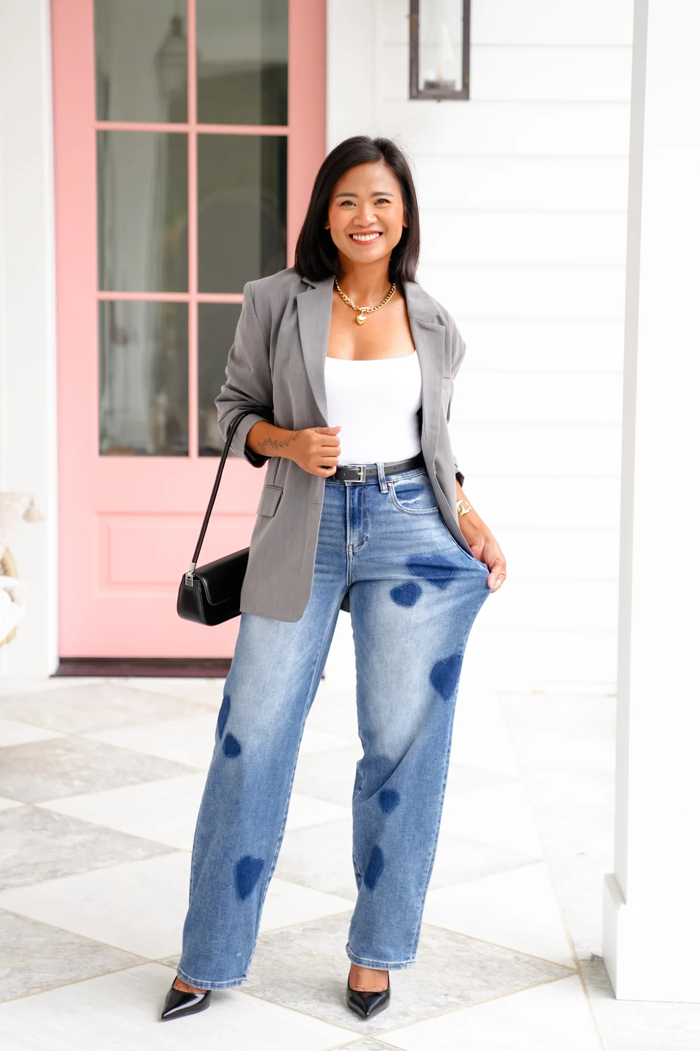 Risen High Rise Medium Wash Heart Print Wide Leg Jeans - Image 7