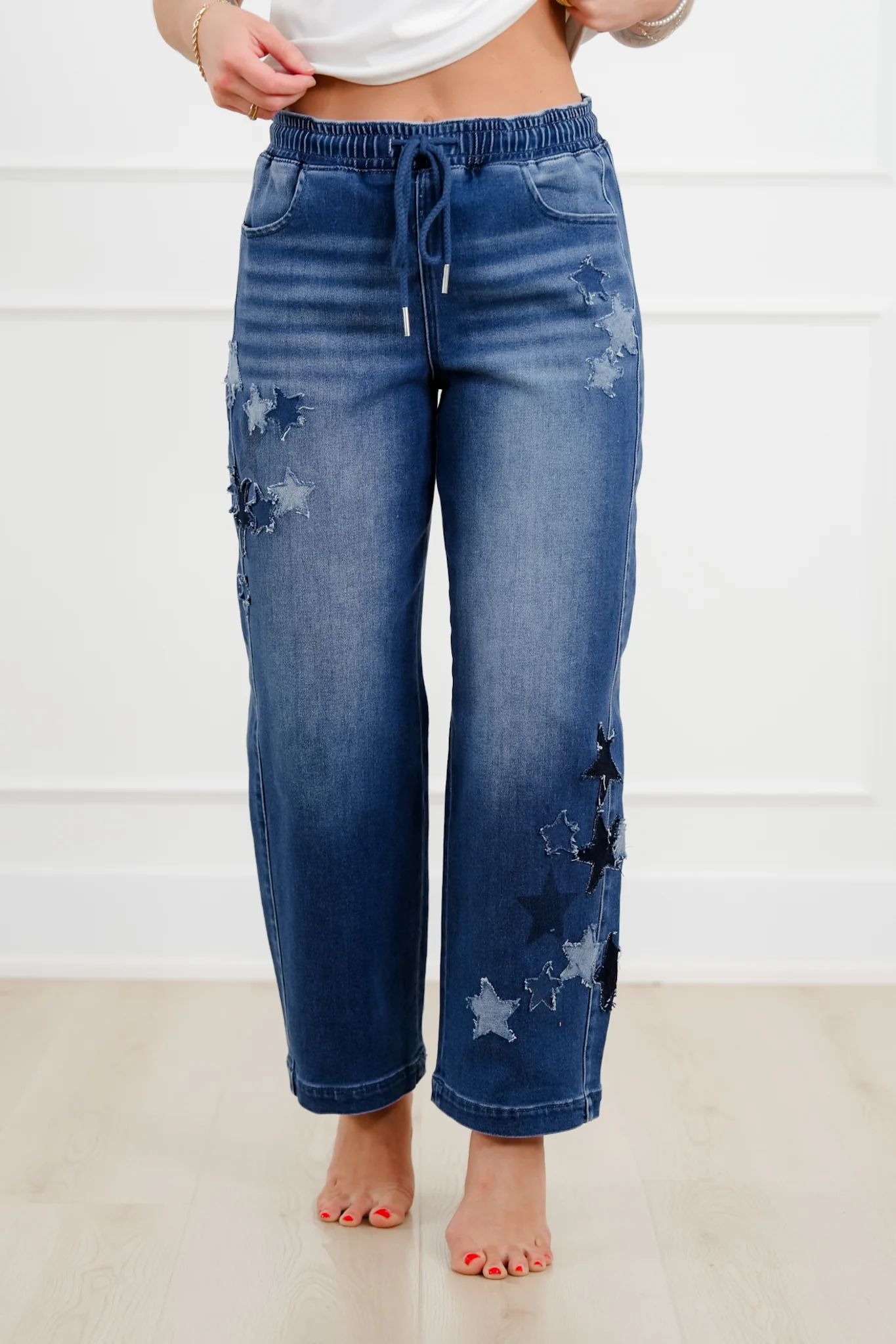 Risen Dark Wash Elastic Waistband Slouchy Barrel Star Patch Jeans - Image 8