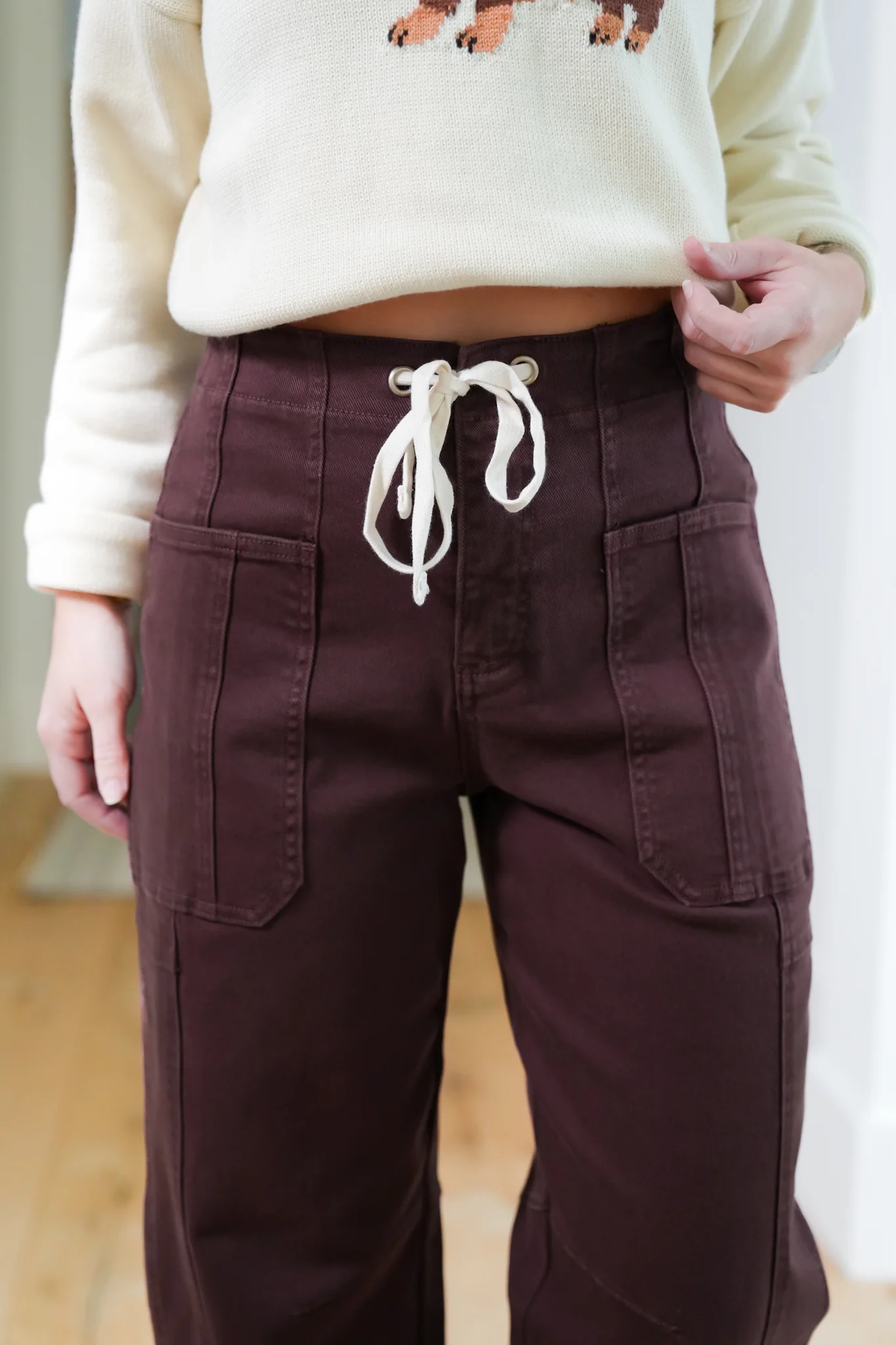 Risen High Rise Brown Wide Leg Barrel Cargo Jeans with Cuff - Image 4