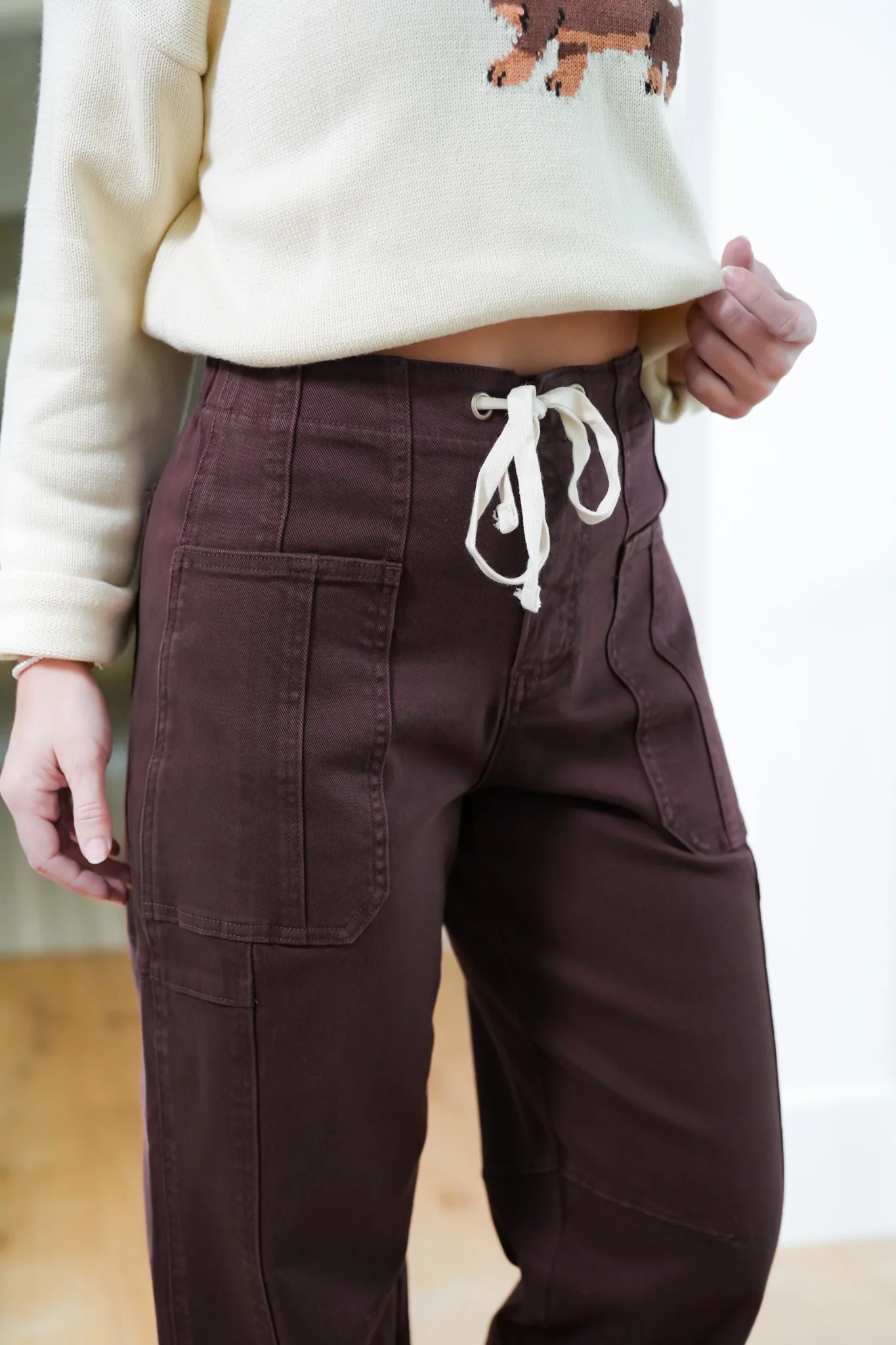 Risen High Rise Brown Wide Leg Barrel Cargo Jeans with Cuff - Image 7