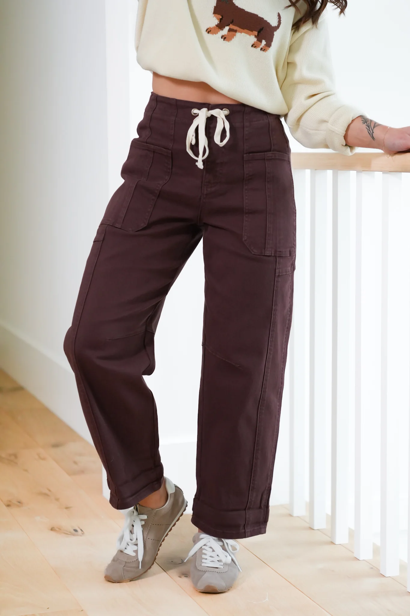 Risen High Rise Brown Wide Leg Barrel Cargo Jeans with Cuff - Image 9
