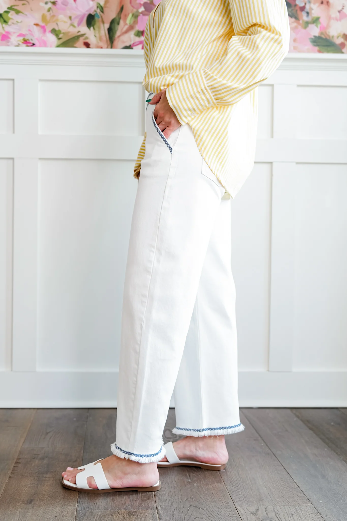 Risen High Rise Cream Tummy Control Embroidered Barrel Jeans - Image 10