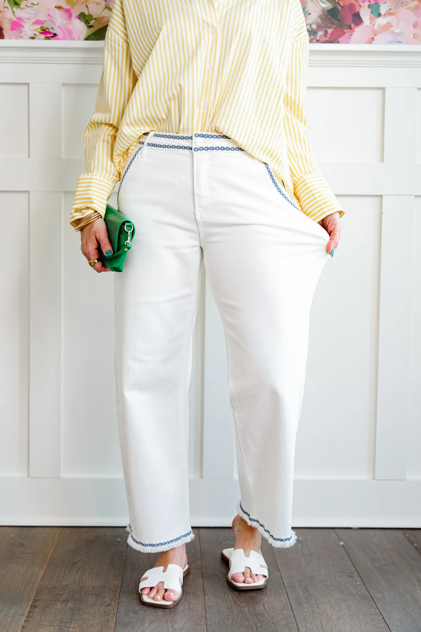 Risen High Rise Cream Tummy Control Embroidered Barrel Jeans - Image 5
