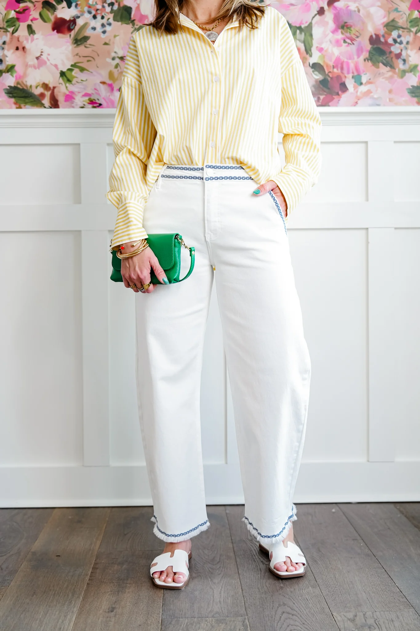Risen High Rise Cream Tummy Control Embroidered Barrel Jeans - Image 7
