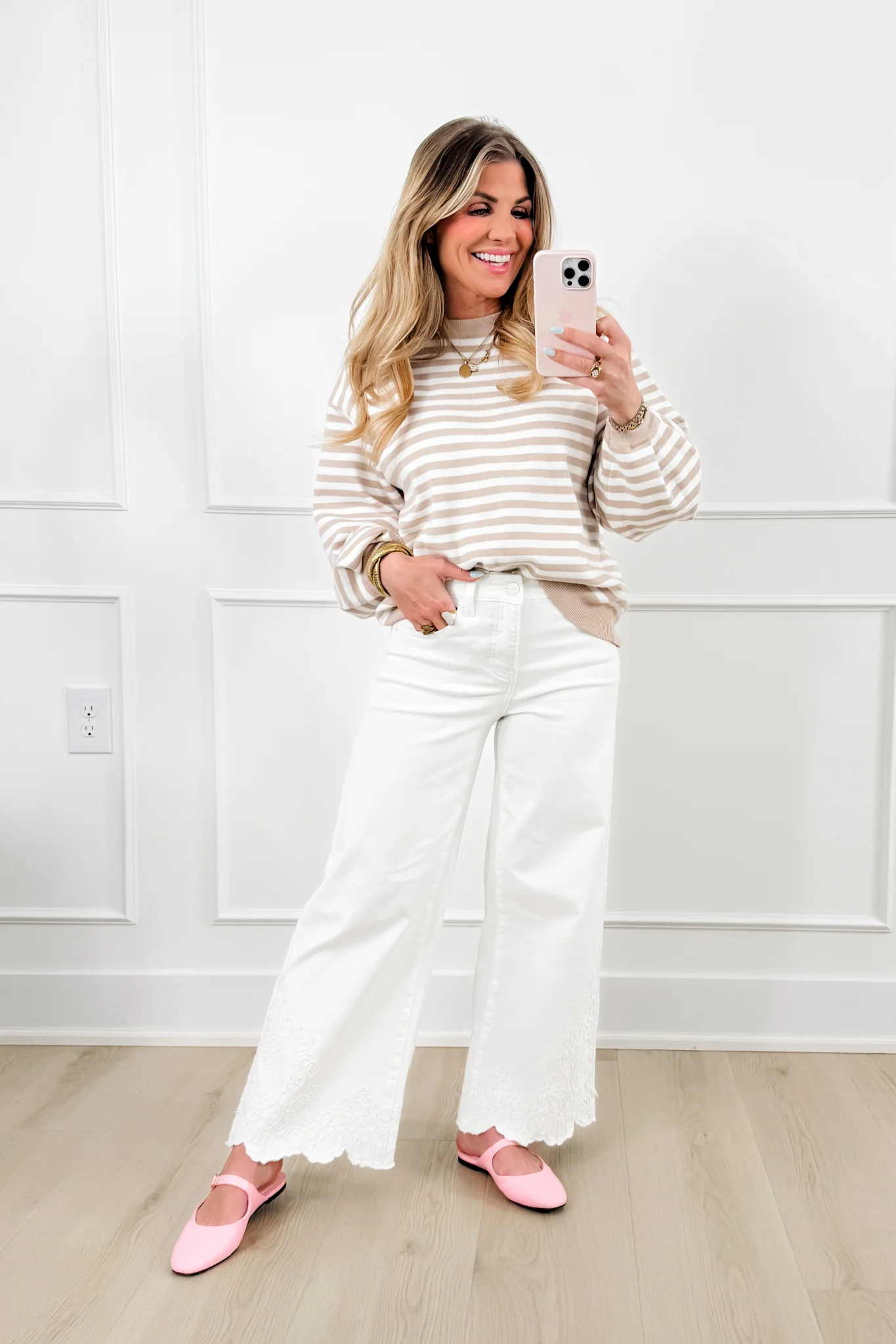 Risen High Rise Cream Wide Leg Embroidered Hem Jeans - Image 2