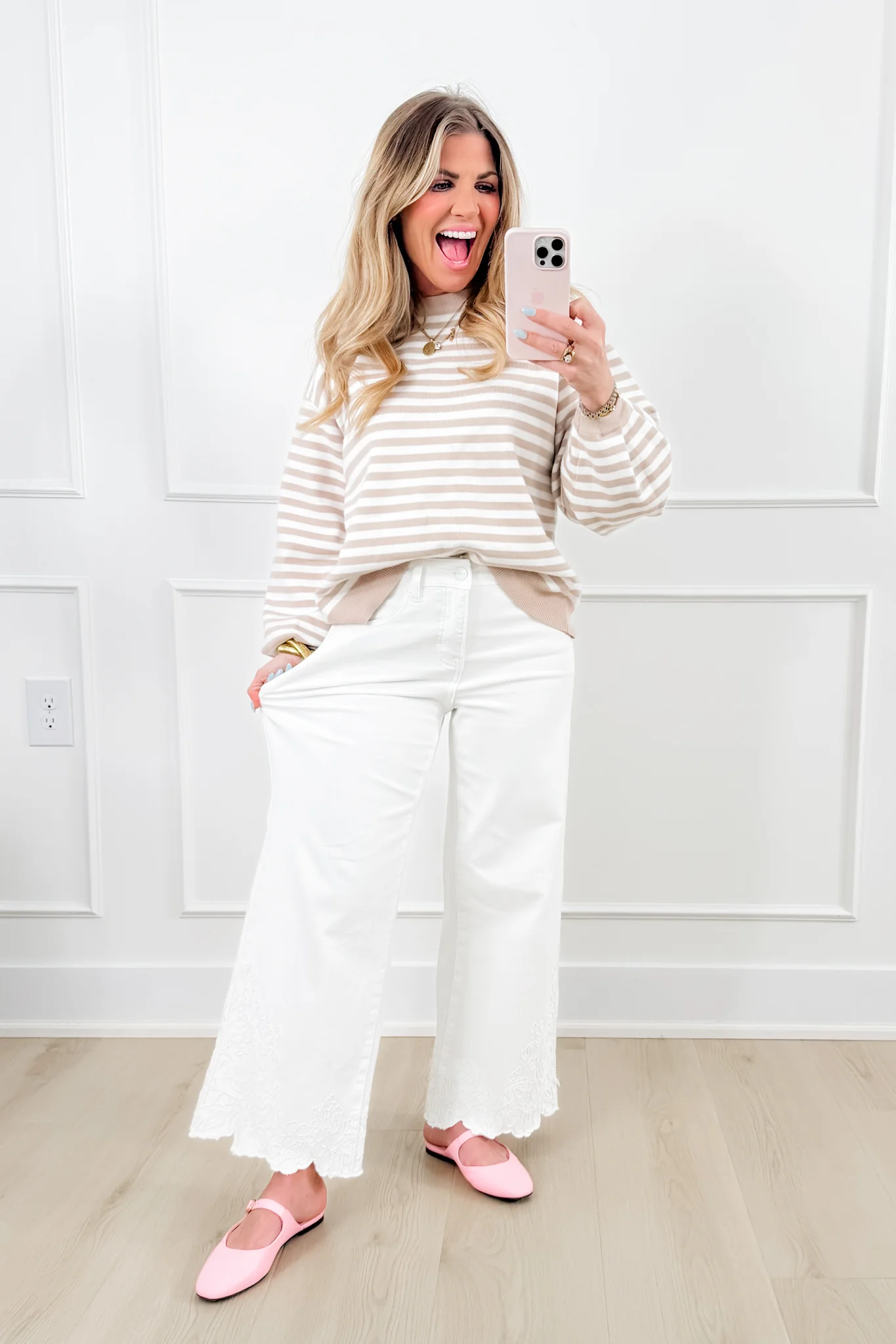 Risen High Rise Cream Wide Leg Embroidered Hem Jeans - Image 7