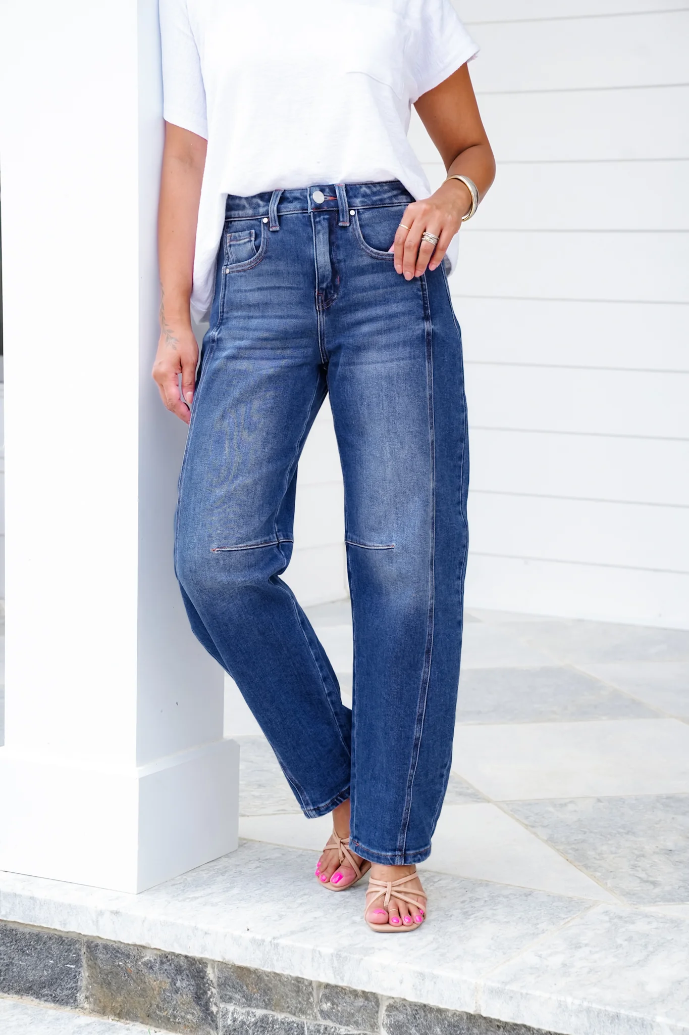 Restock! Risen High Rise Dark Wash Boyfriend Cuffed Barrel Jeans - Image 5