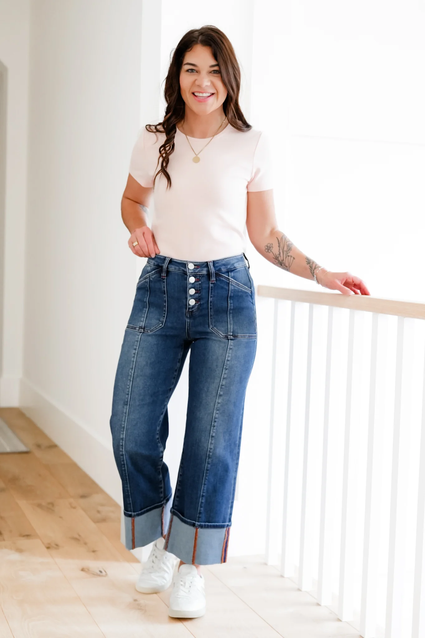 Risen Multi Inseam High Rise Dark Wash Cropped Wide Cuffed Straight Leg Jeans - Image 10