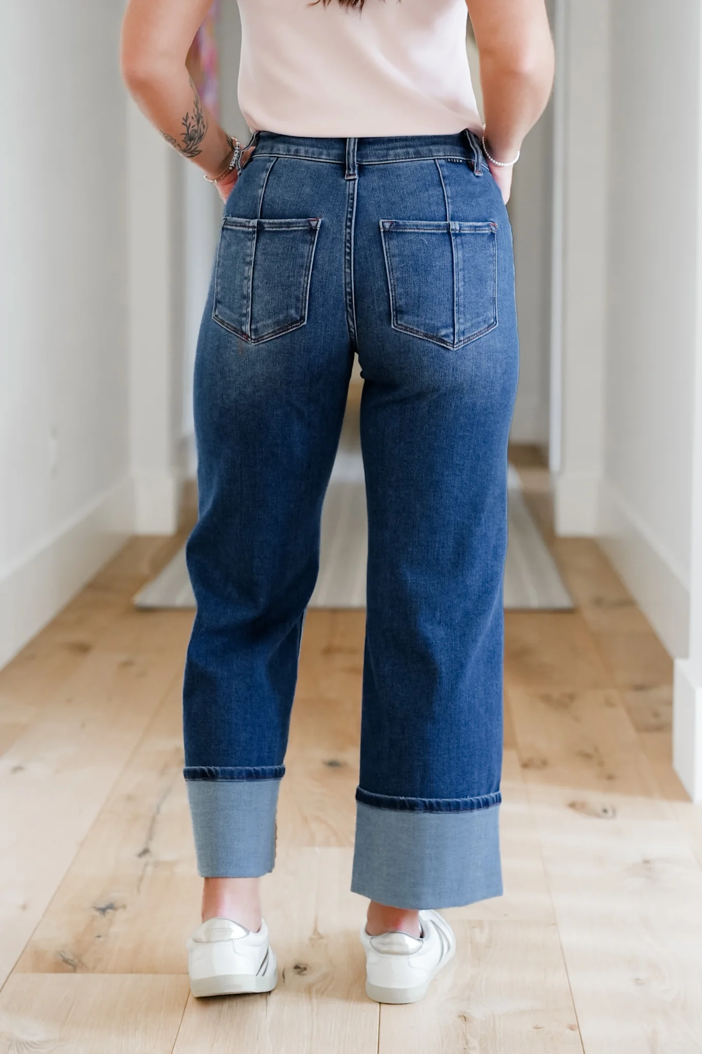 Risen Multi Inseam High Rise Dark Wash Cropped Wide Cuffed Straight Leg Jeans - Image 11