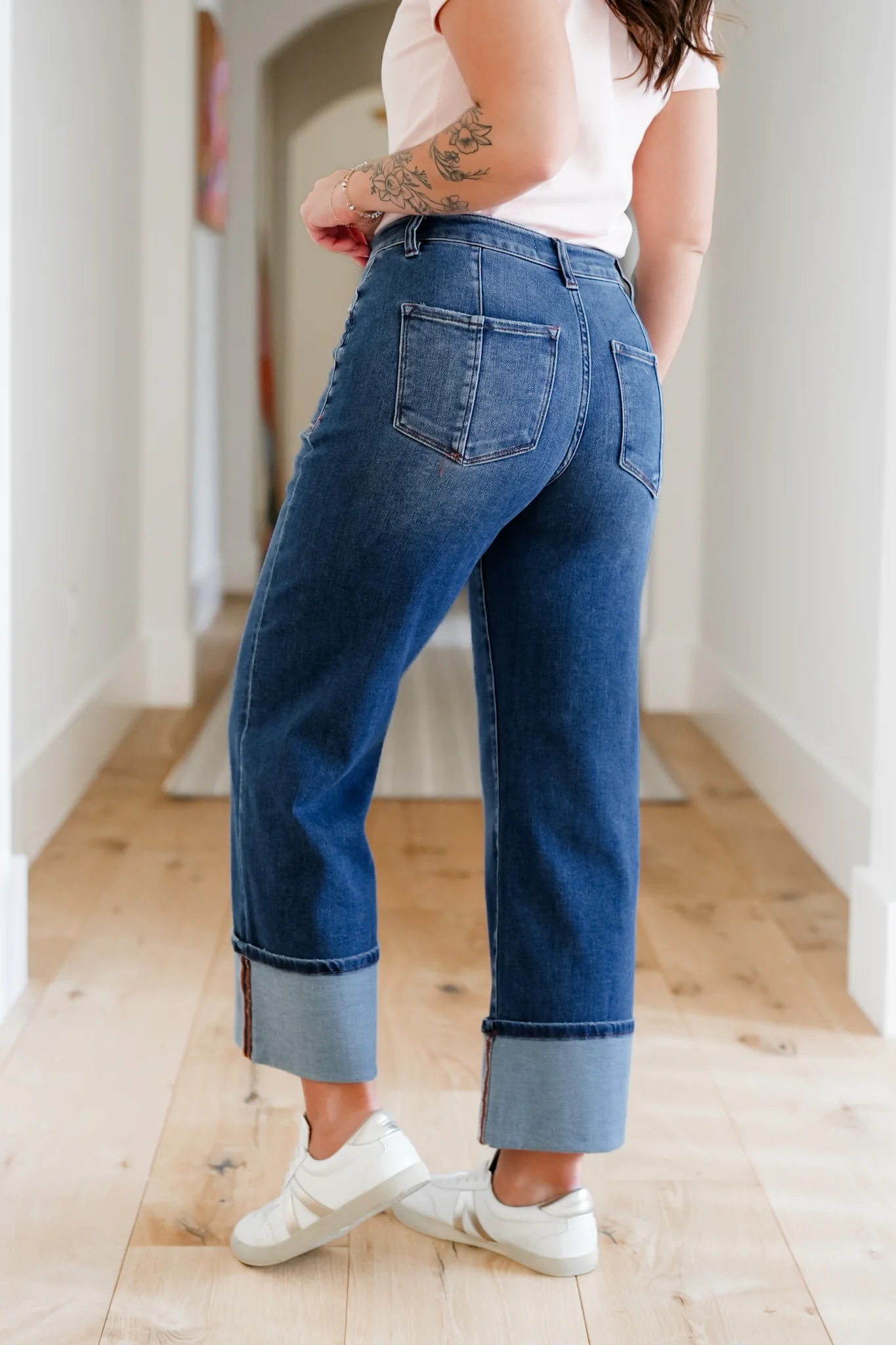 Risen Multi Inseam High Rise Dark Wash Cropped Wide Cuffed Straight Leg Jeans - Image 12