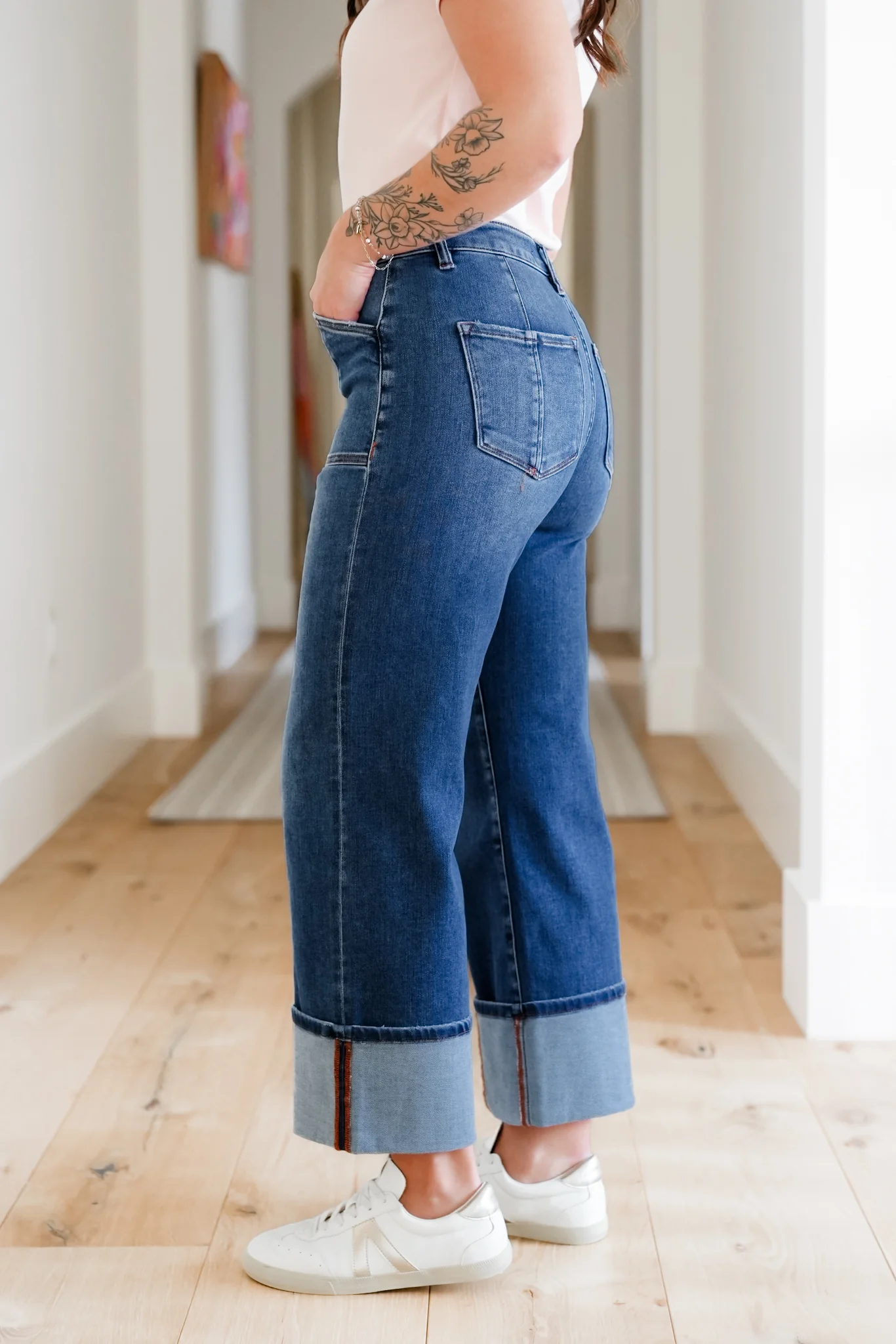 Risen Multi Inseam High Rise Dark Wash Cropped Wide Cuffed Straight Leg Jeans - Image 13