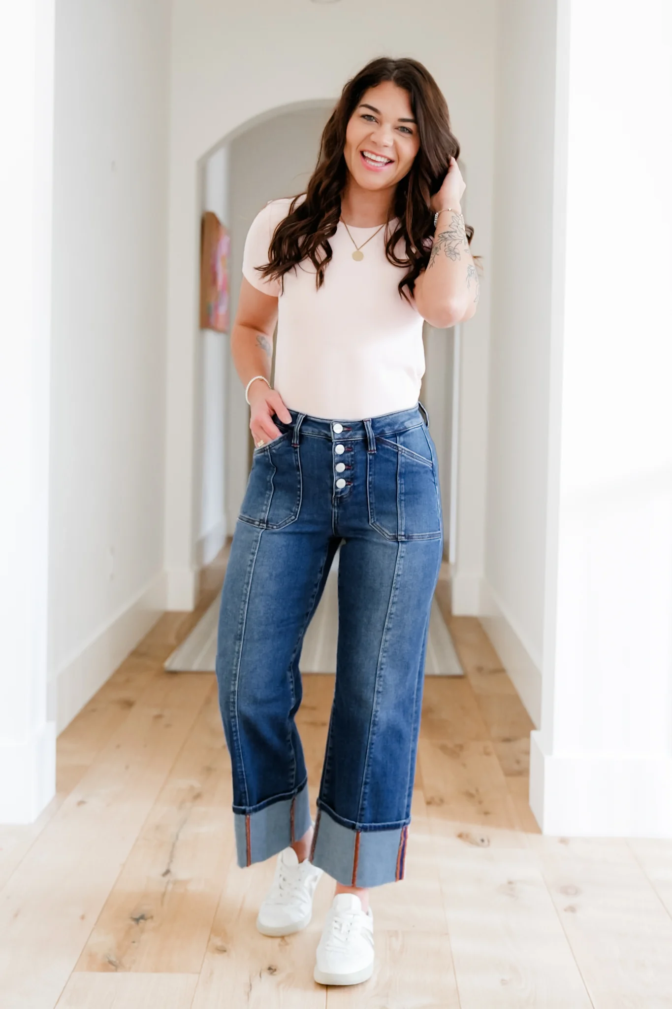 Risen Multi Inseam High Rise Dark Wash Cropped Wide Cuffed Straight Leg Jeans - Image 14