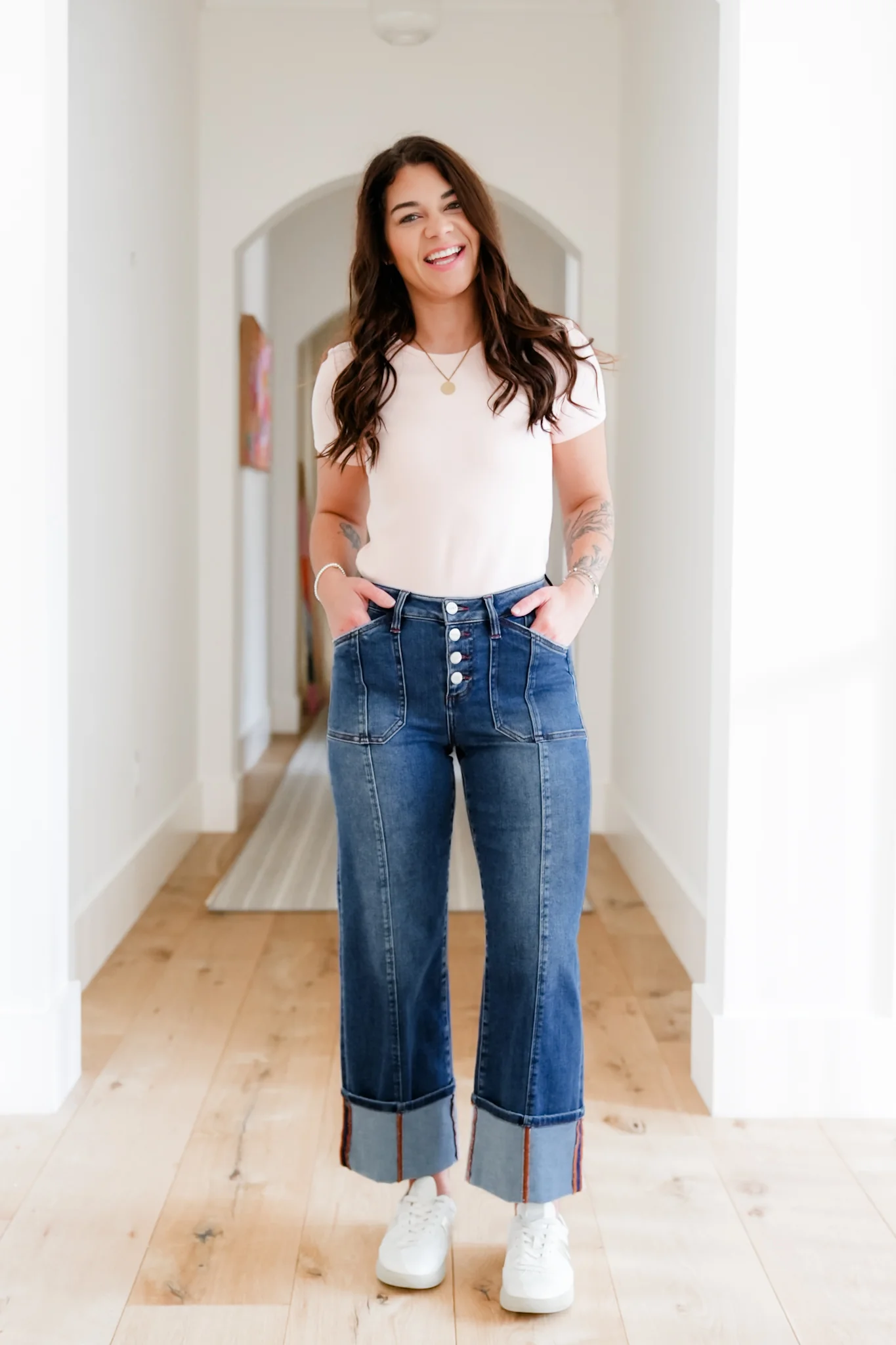 Risen Multi Inseam High Rise Dark Wash Cropped Wide Cuffed Straight Leg Jeans - Image 15