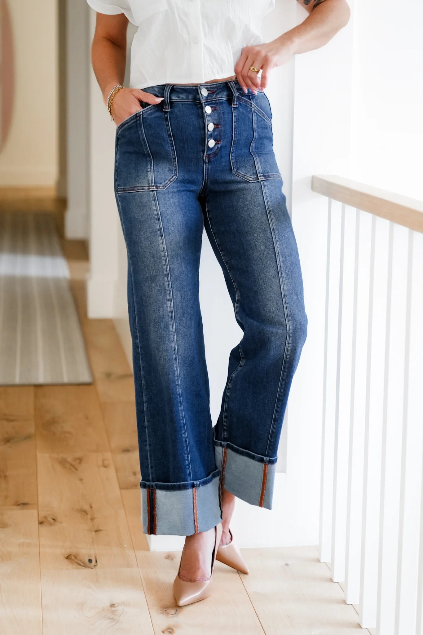 Risen Multi Inseam High Rise Dark Wash Cropped Wide Cuffed Straight Leg Jeans - Image 4