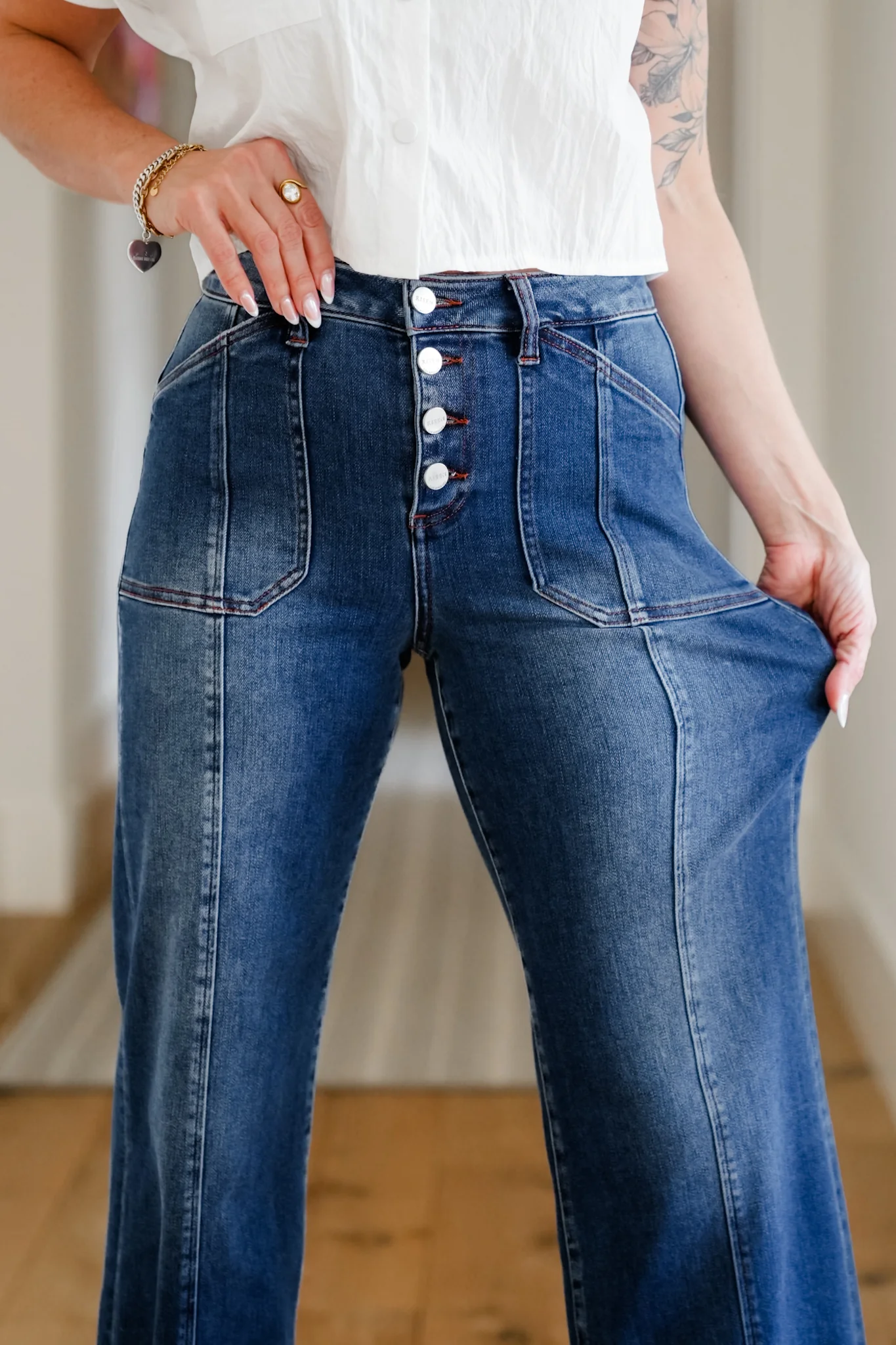 Risen Multi Inseam High Rise Dark Wash Cropped Wide Cuffed Straight Leg Jeans - Image 6