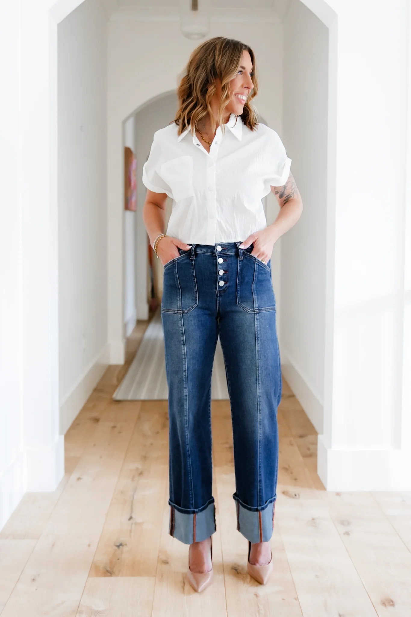 Risen Multi Inseam High Rise Dark Wash Cropped Wide Cuffed Straight Leg Jeans - Image 9