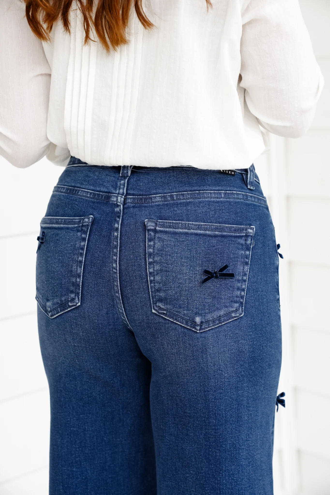 Risen High Rise Dark Wash Tummy Control Crop Wide Leg Jeans with Bows - Image 10
