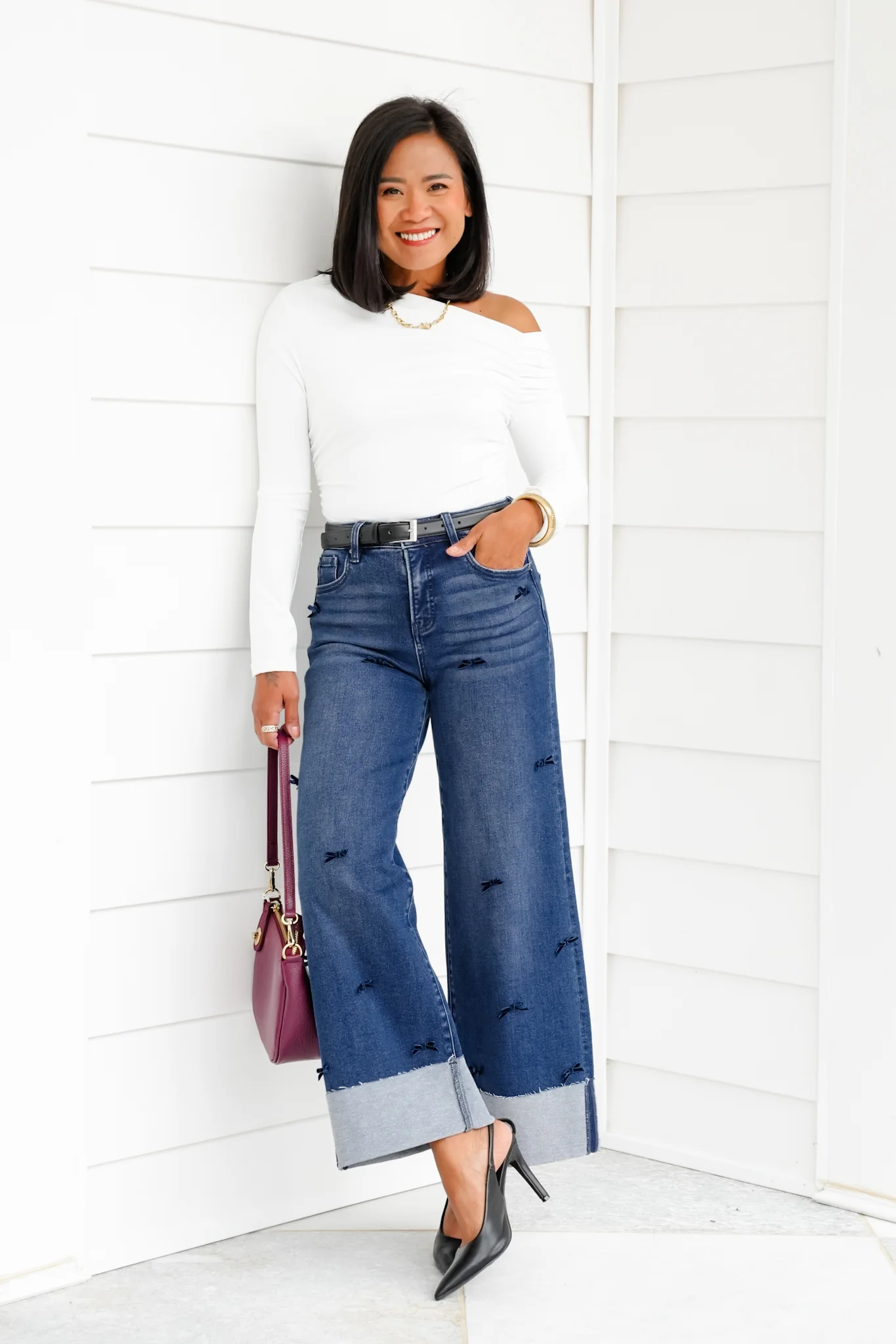 Risen High Rise Dark Wash Tummy Control Crop Wide Leg Jeans with Bows - Image 12
