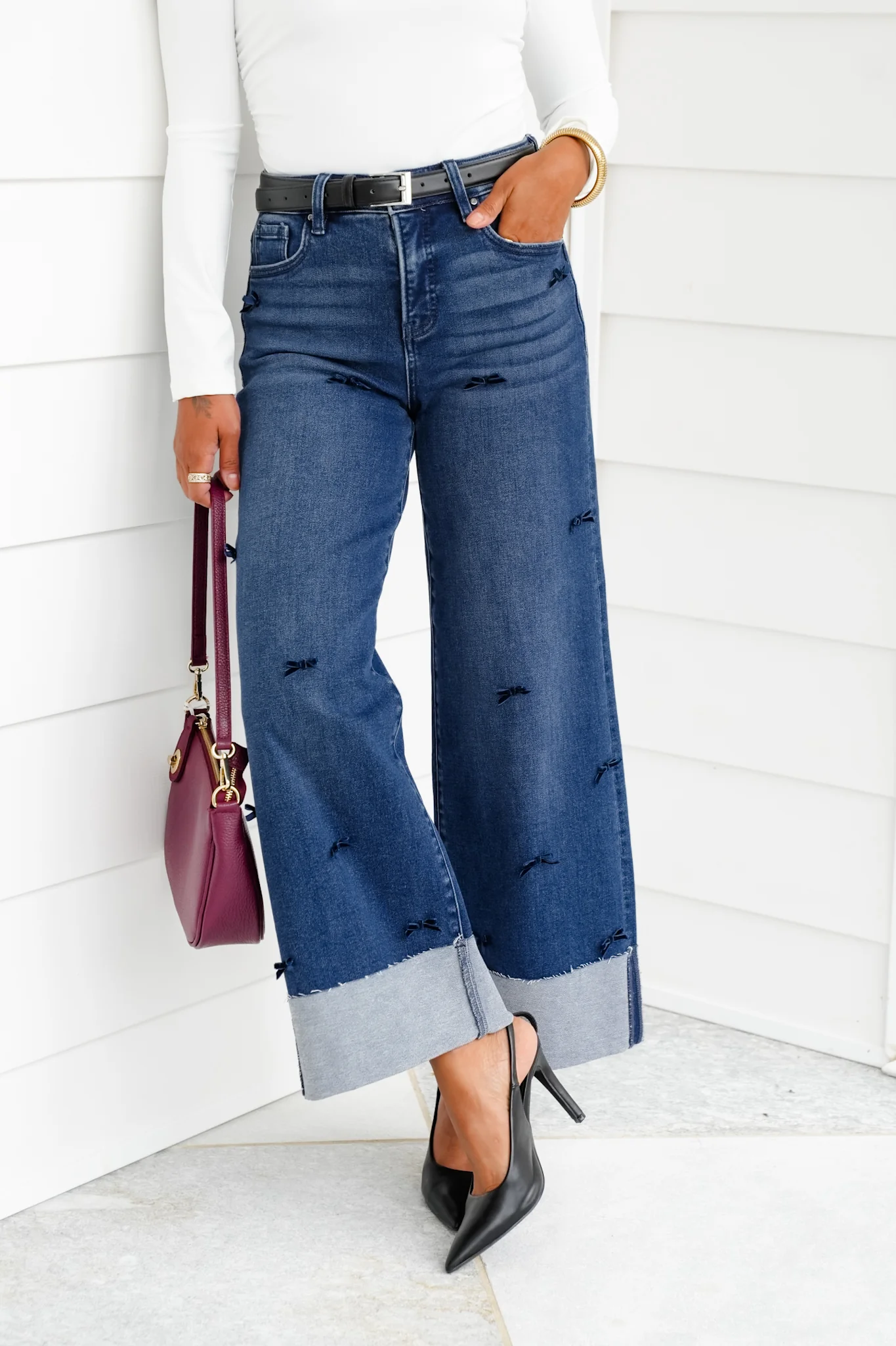 Risen High Rise Dark Wash Tummy Control Crop Wide Leg Jeans with Bows - Image 13