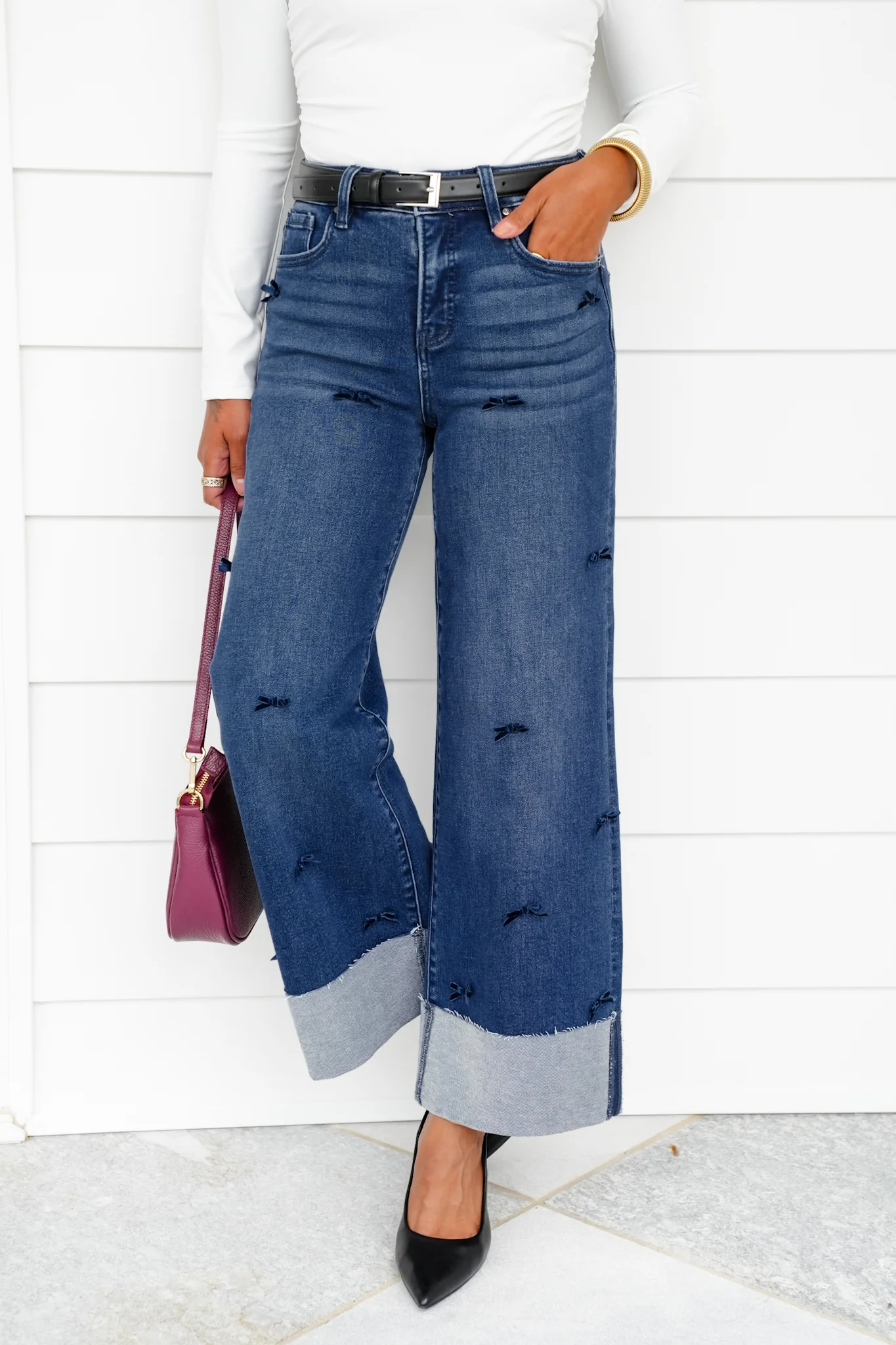 Risen High Rise Dark Wash Tummy Control Crop Wide Leg Jeans with Bows - Image 14