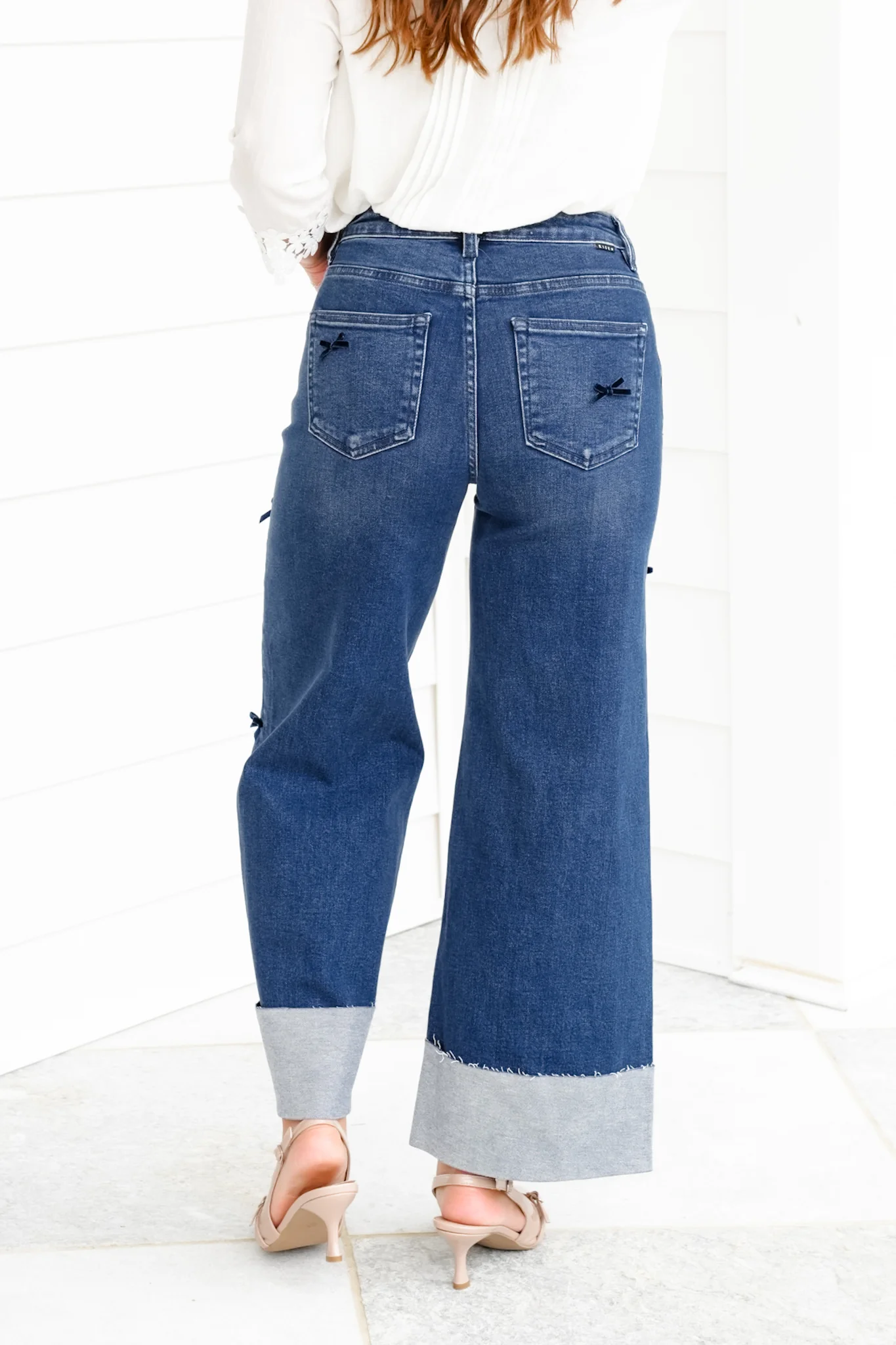 Risen High Rise Dark Wash Tummy Control Crop Wide Leg Jeans with Bows - Image 5