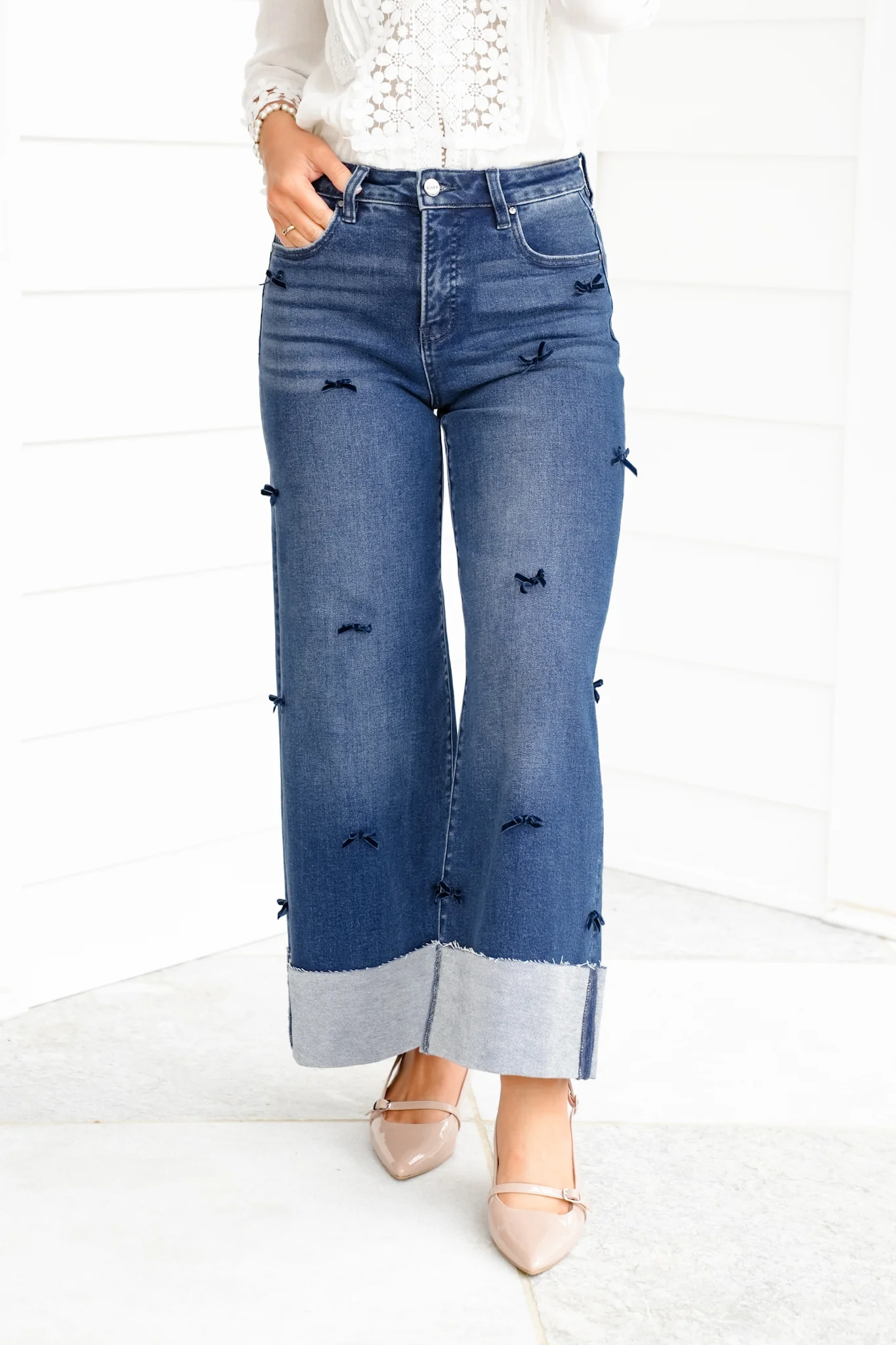 Risen High Rise Dark Wash Tummy Control Crop Wide Leg Jeans with Bows - Image 7