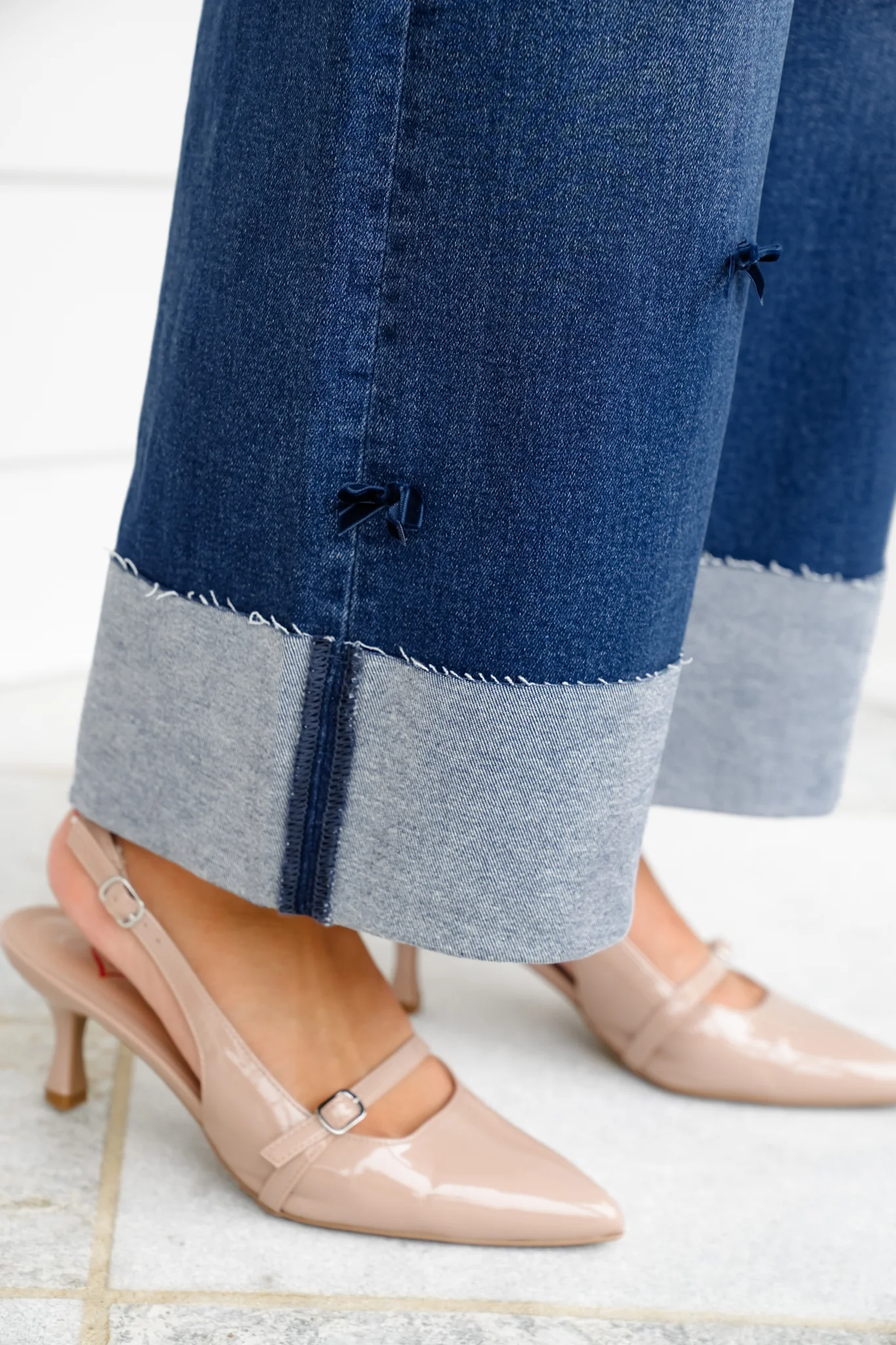 Risen High Rise Dark Wash Tummy Control Crop Wide Leg Jeans with Bows - Image 9