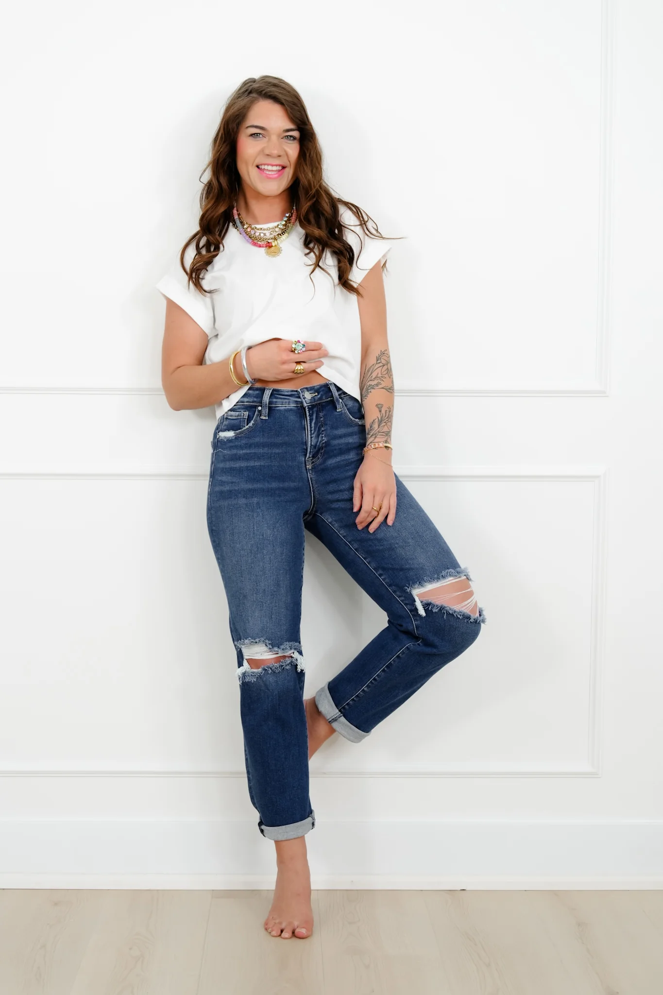 Risen High Rise Dark Wash Tummy Control Distressed Girlfriend Jeans - Image 10